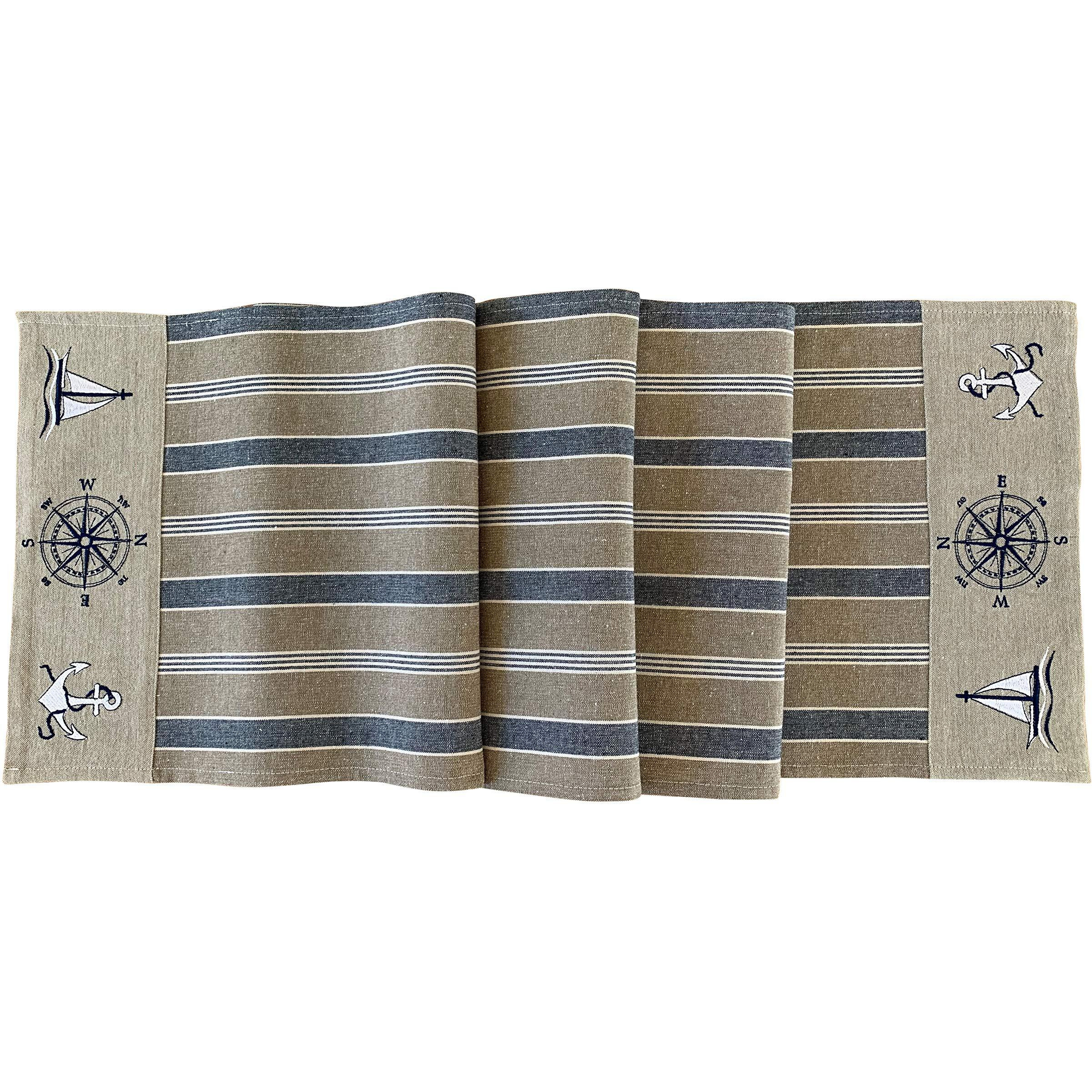 Nautical Table Runner - Cotton Decorative Embroidered Design - Natural, Navy Blue And White - Boat Compass Anchor (72 Inch)