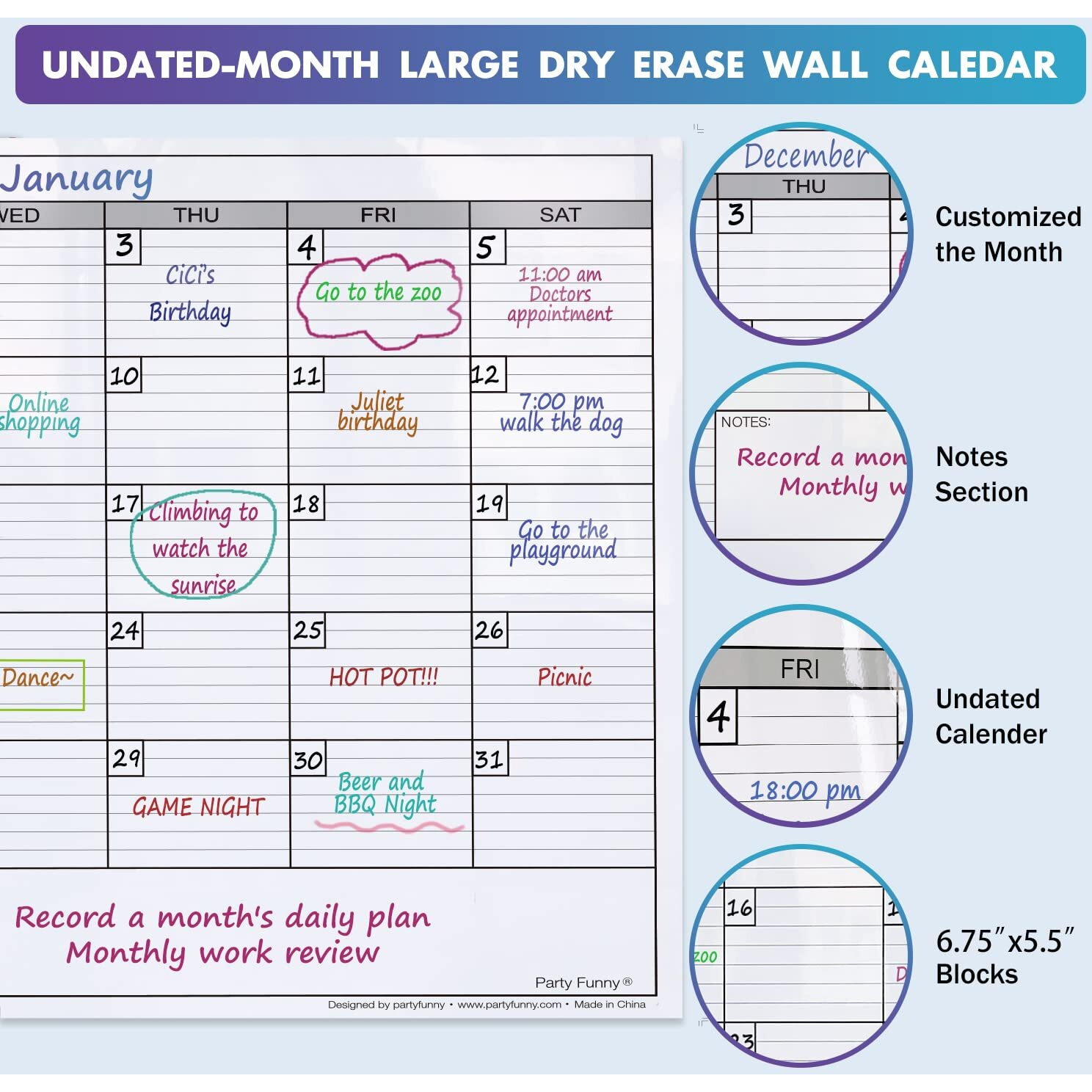 Dry Erase Monthly Extra Large White Board Calendar For Wall, 38"" By 50"", Jumbo Laminated Erasable One Month Whiteboard Calendar, Huge Oversized Blank 30-Day Poster With Lines And Squares (Non-Magnetic Calendar)