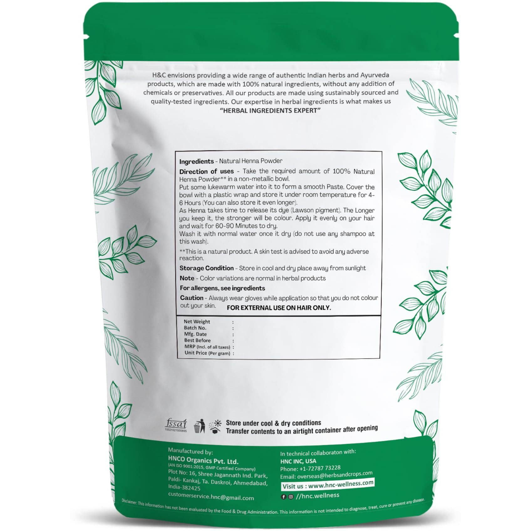 H&C 100% Pure Neutral Henna Powder/Colorless Henna/Senna Powder/Cassia Obovata (227G / (1/2 Lb) / 8 Ounces) For Conditioning Your Hair Without Coloring.