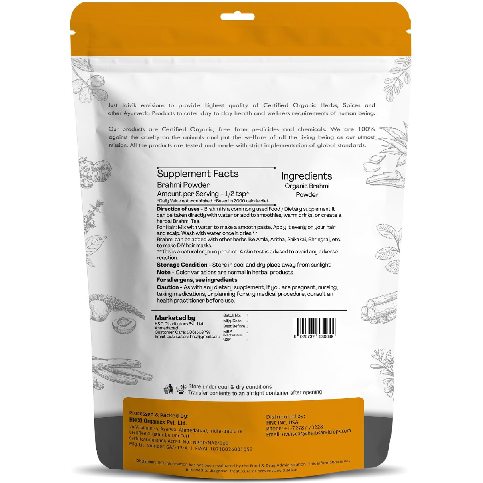 Just Jaivik 100% Organic Brahmi Powder Bacopa Monnieri- Usda Certified Organic, 227 Gms / 1/2 Lb Pound / 08 Oz