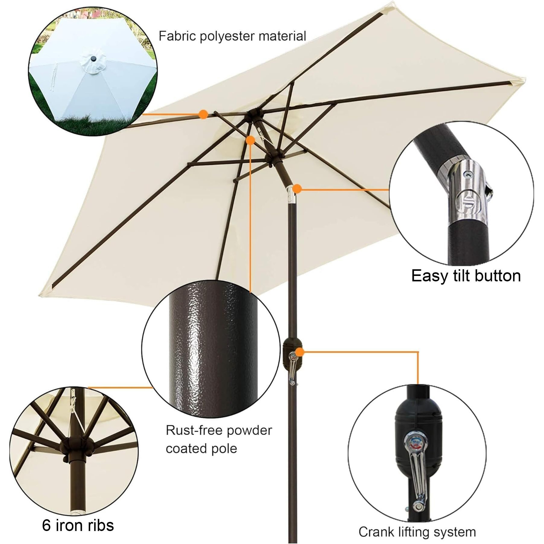 Blissun 7.5 Ft Patio Umbrella, Yard Umbrella Push Button Tilt Crank (Cream White)