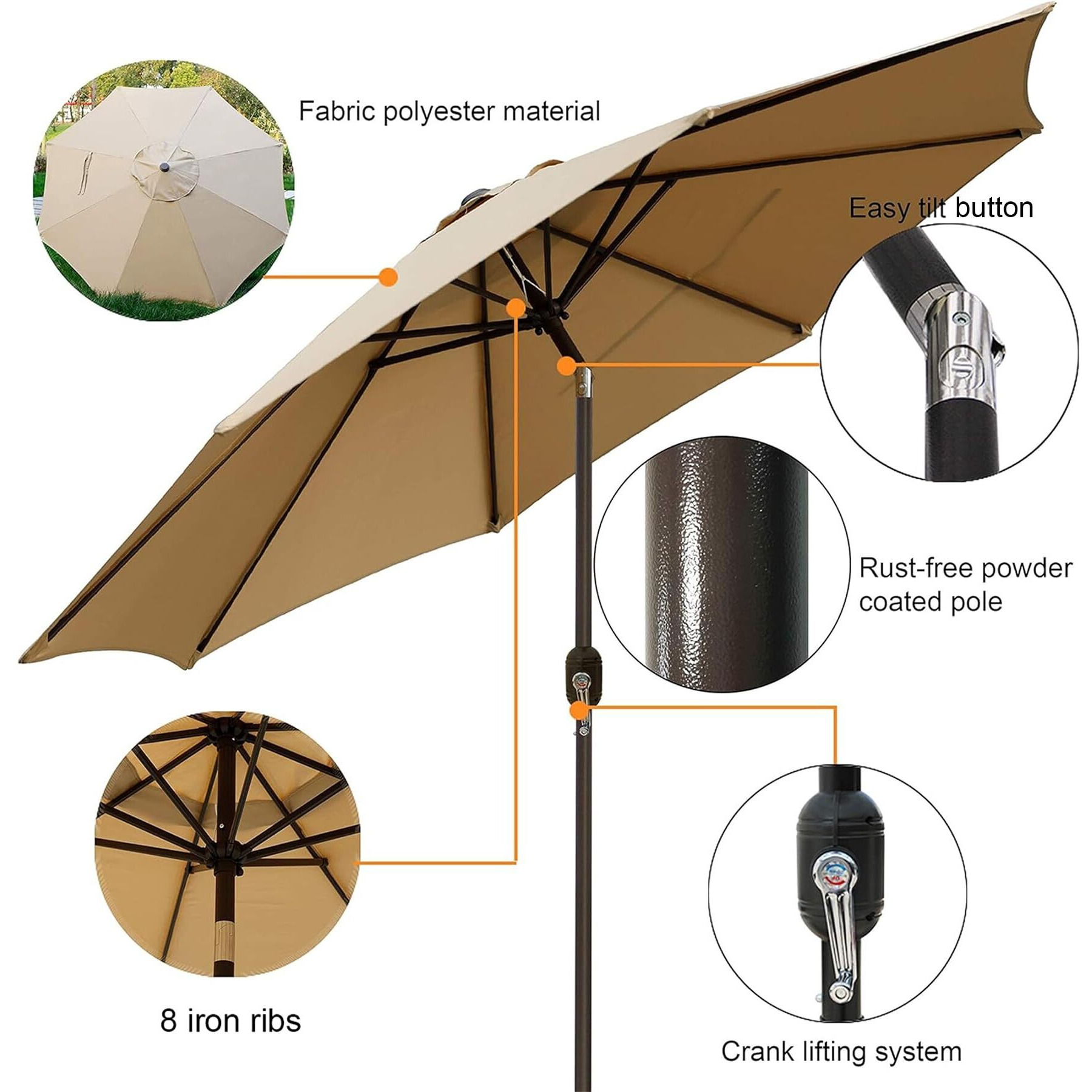 Blissun 9' Outdoor Patio Umbrella, Outdoor Table Umbrella, Yard Umbrella, Market Umbrella With 8 Sturdy Ribs, Push Button Tilt And Crank (Tan)