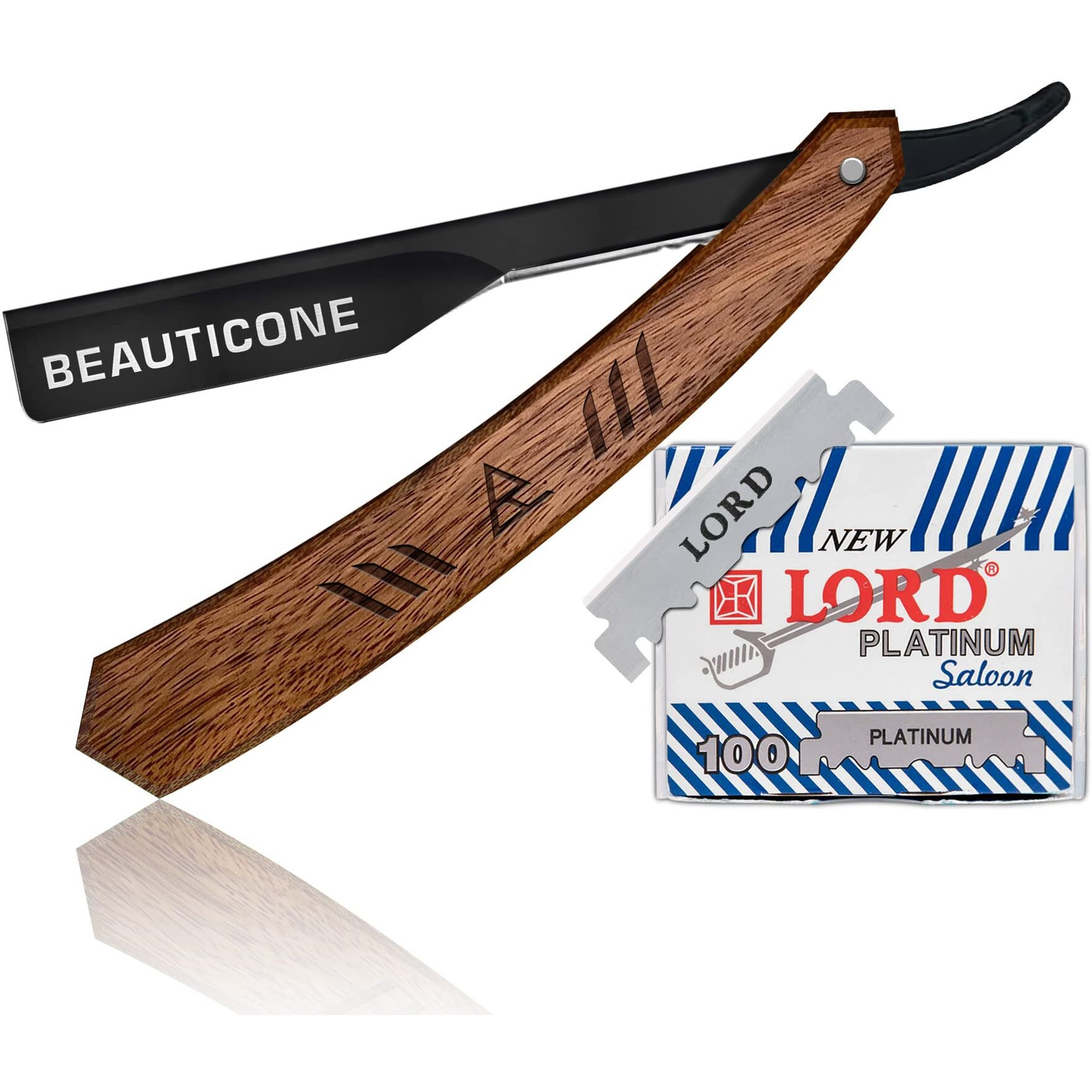 Beauticone Straight Razor For Men, Professional Barber Razor With 100 Single Edge Blades, Straight Edge Single Blade Razors For Men, (Rose Wooden Slide-Out)