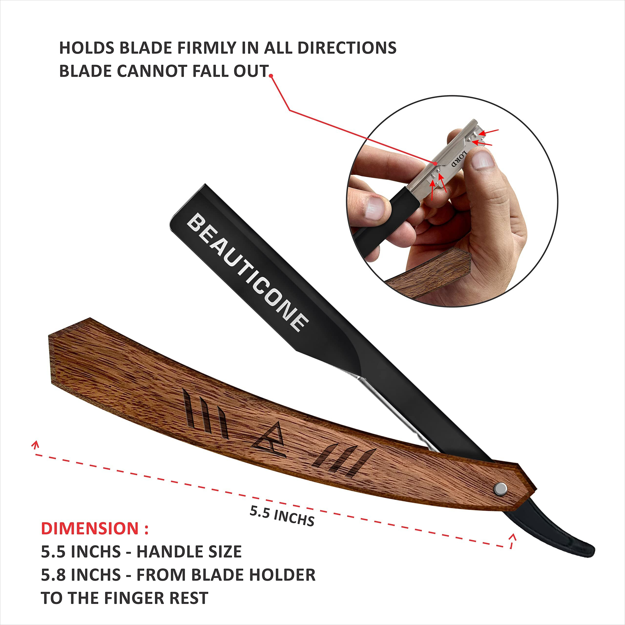 Beauticone Straight Razor For Men, Professional Barber Razor With 100 Single Edge Blades, Straight Edge Single Blade Razors For Men, (Rose Wooden Slide-Out)