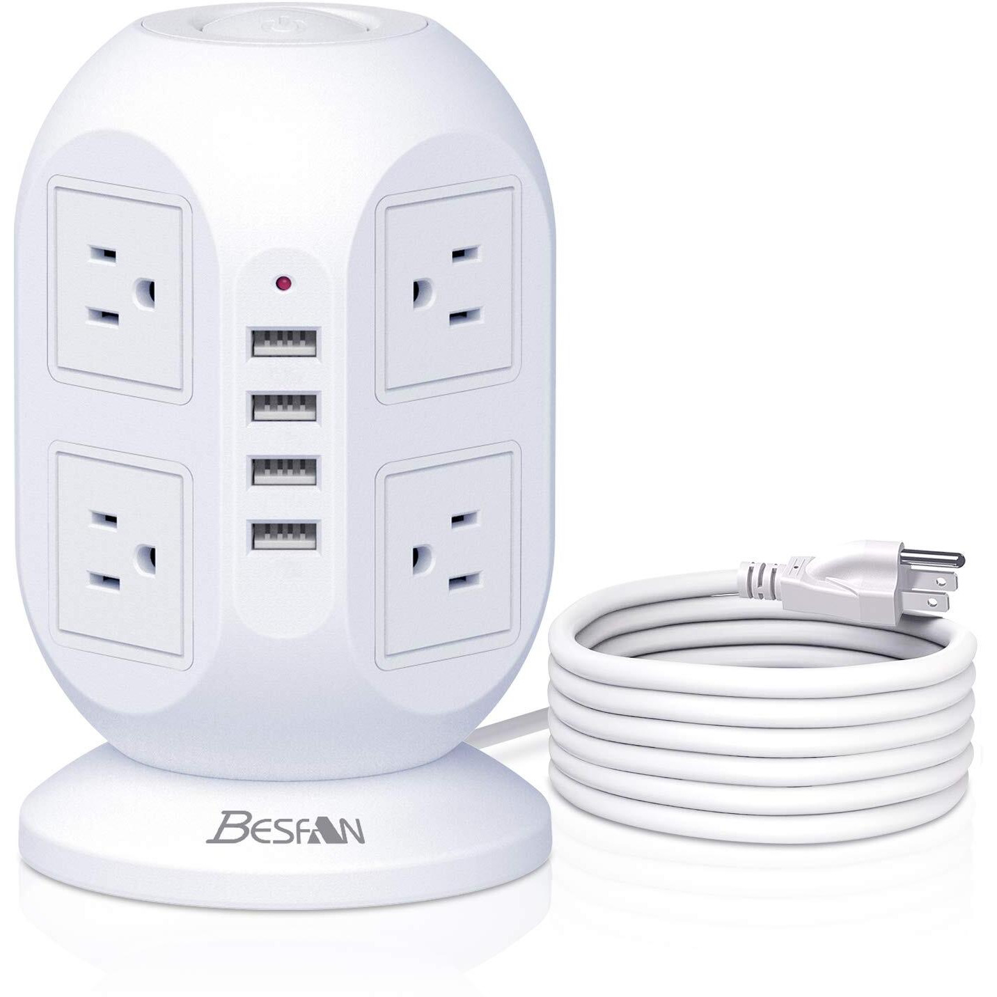 Tower Surge Protector Power Strip, Besfan 10 Ft Extension Cord With Multiple Outlets, 1050J Surge Protector, 8 Outlets 4 Usb Ports Charging Station For Home Office Supplies Desk Accessories
