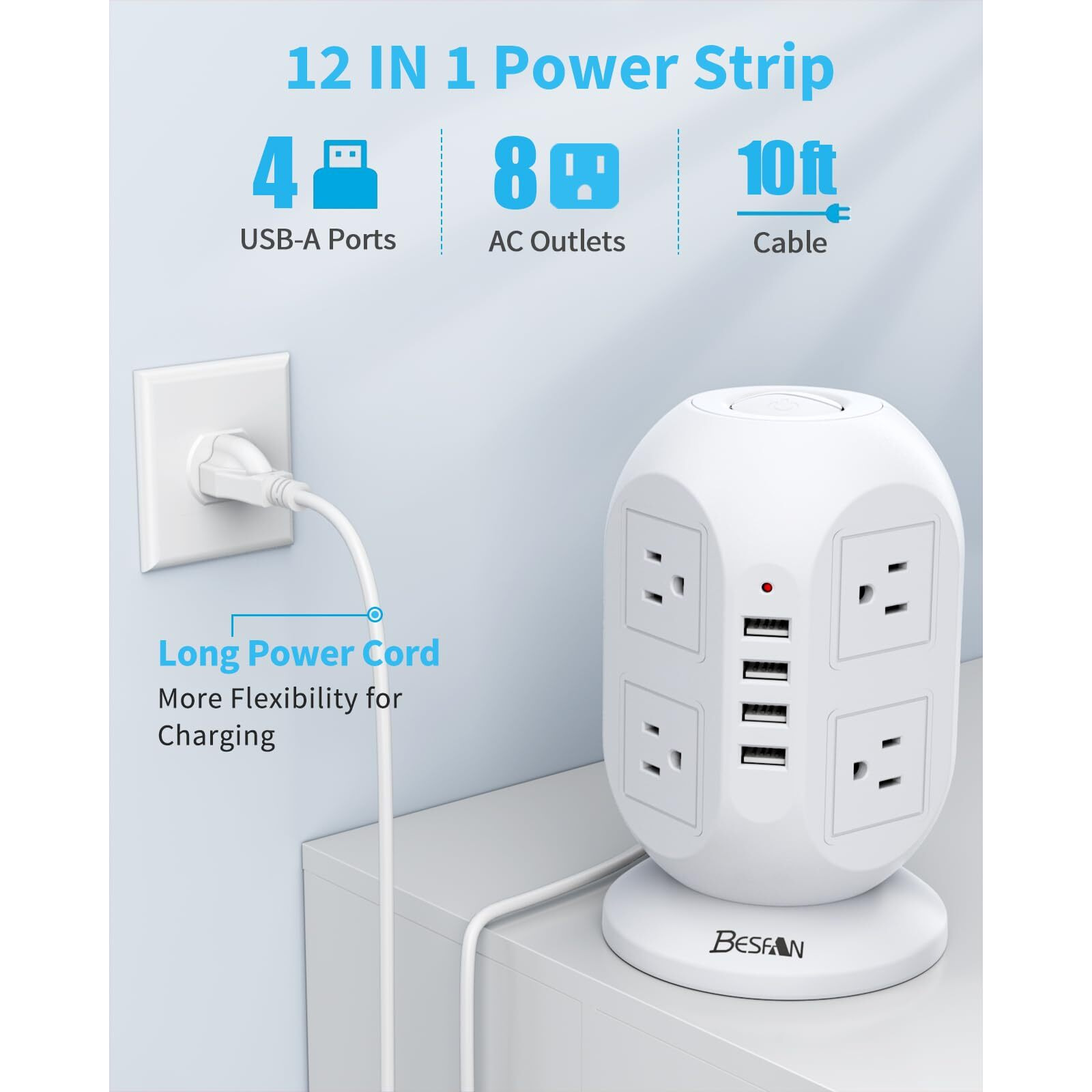 Tower Surge Protector Power Strip, Besfan 10 Ft Extension Cord With Multiple Outlets, 1050J Surge Protector, 8 Outlets 4 Usb Ports Charging Station For Home Office Supplies Desk Accessories