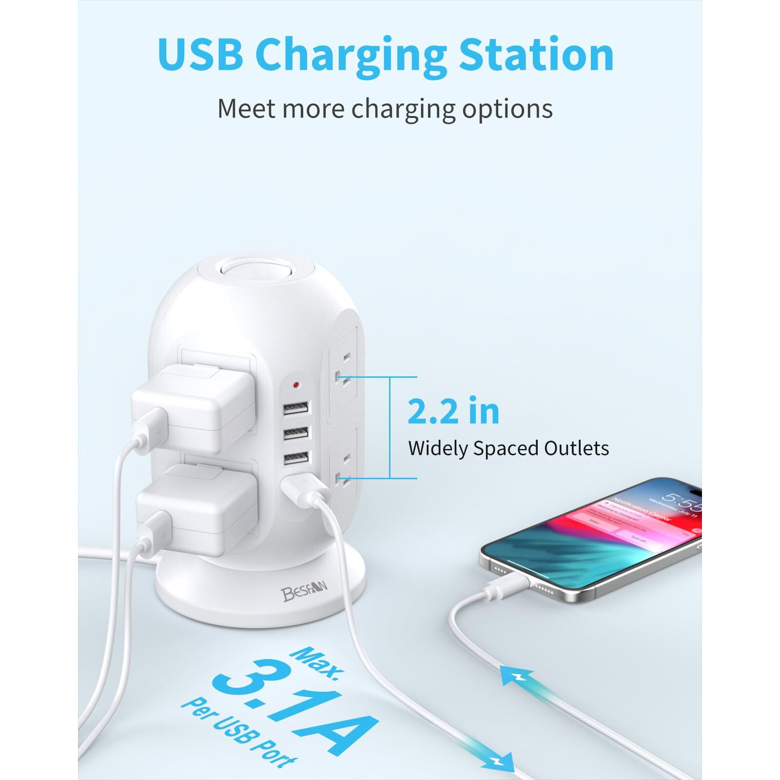 Tower Surge Protector Power Strip, Besfan 10 Ft Extension Cord With Multiple Outlets, 1050J Surge Protector, 8 Outlets 4 Usb Ports Charging Station For Home Office Supplies Desk Accessories