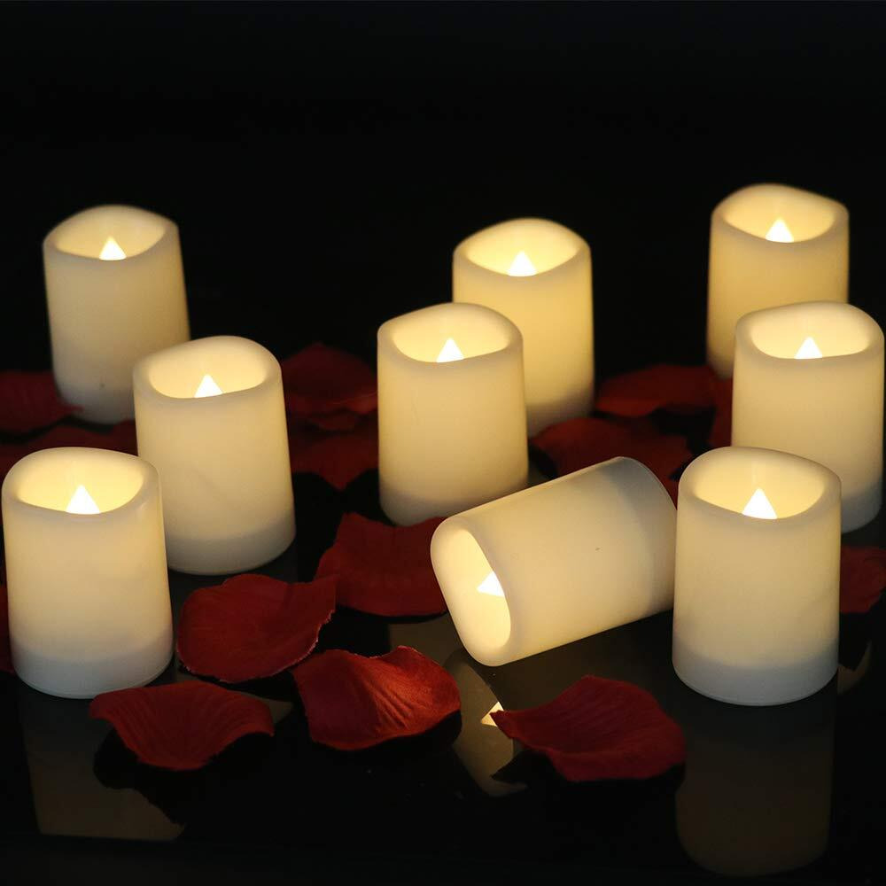 Dromance Outdoor Waterproof Flameless Votive Candles With Timer, Battery Operated Led Tealight Flickering Candles Warm Light Set Of 12 Wedding Party Decor Plastic Candles(1.5 X 2 Inches)