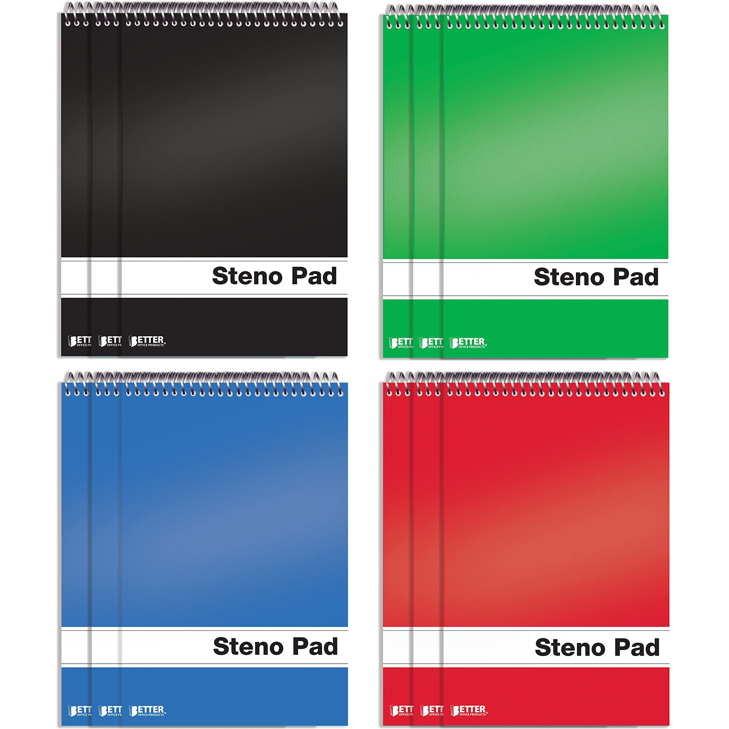 Better Office Products Spiral Steno Pads, 12 Pack, 6 X 9 Inches, 80 Sheets, White Paper, Gregg Rule, Assorted Solid Colors (Red, Black, Blue, Green), 12 Steno Notebooks