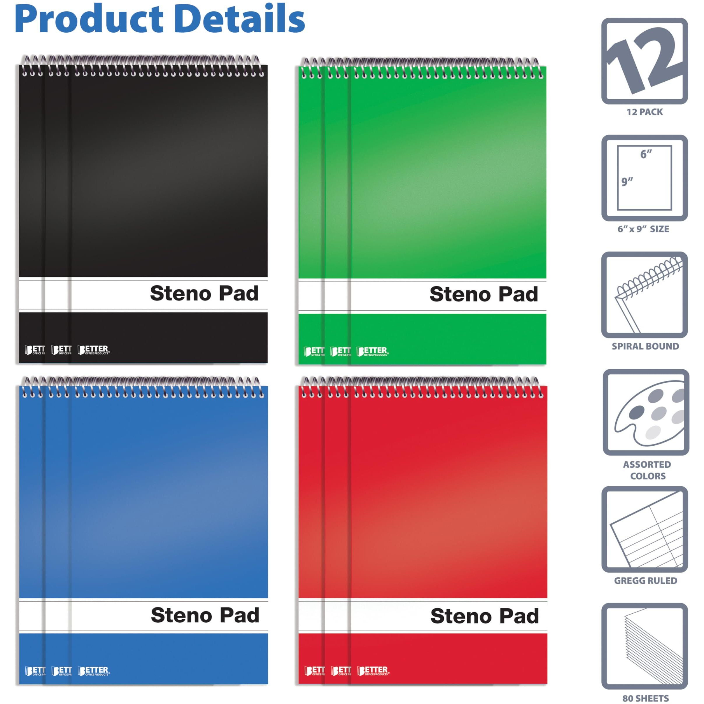 Better Office Products Spiral Steno Pads, 12 Pack, 6 X 9 Inches, 80 Sheets, White Paper, Gregg Rule, Assorted Solid Colors (Red, Black, Blue, Green), 12 Steno Notebooks