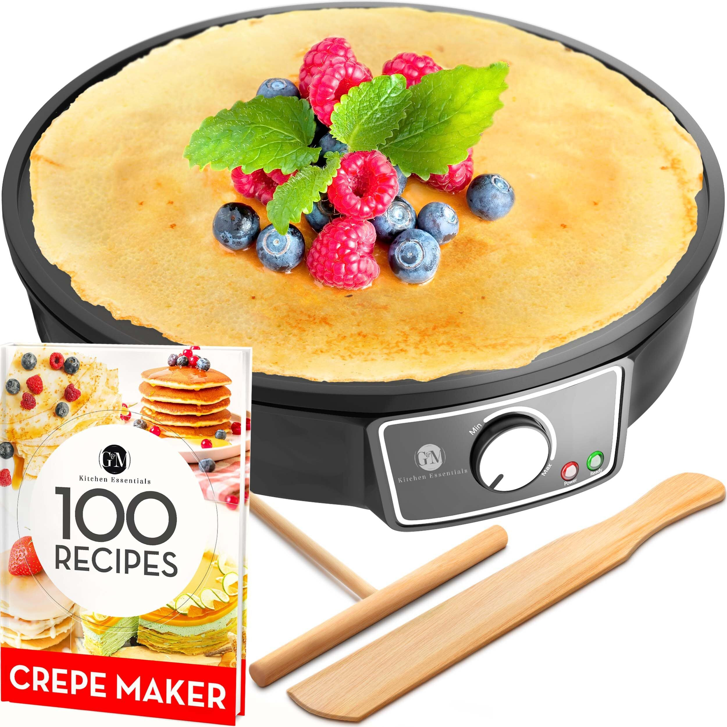 Crepe Maker Machine (Easy To Use), Pancake Griddle - Nonstick 12    Electric Griddle - Pancake Maker, Batter Spreader, Wooden Spatula - Crepe Pan For Crepes Roti, Tortilla, Blintzes - Portable, Compact