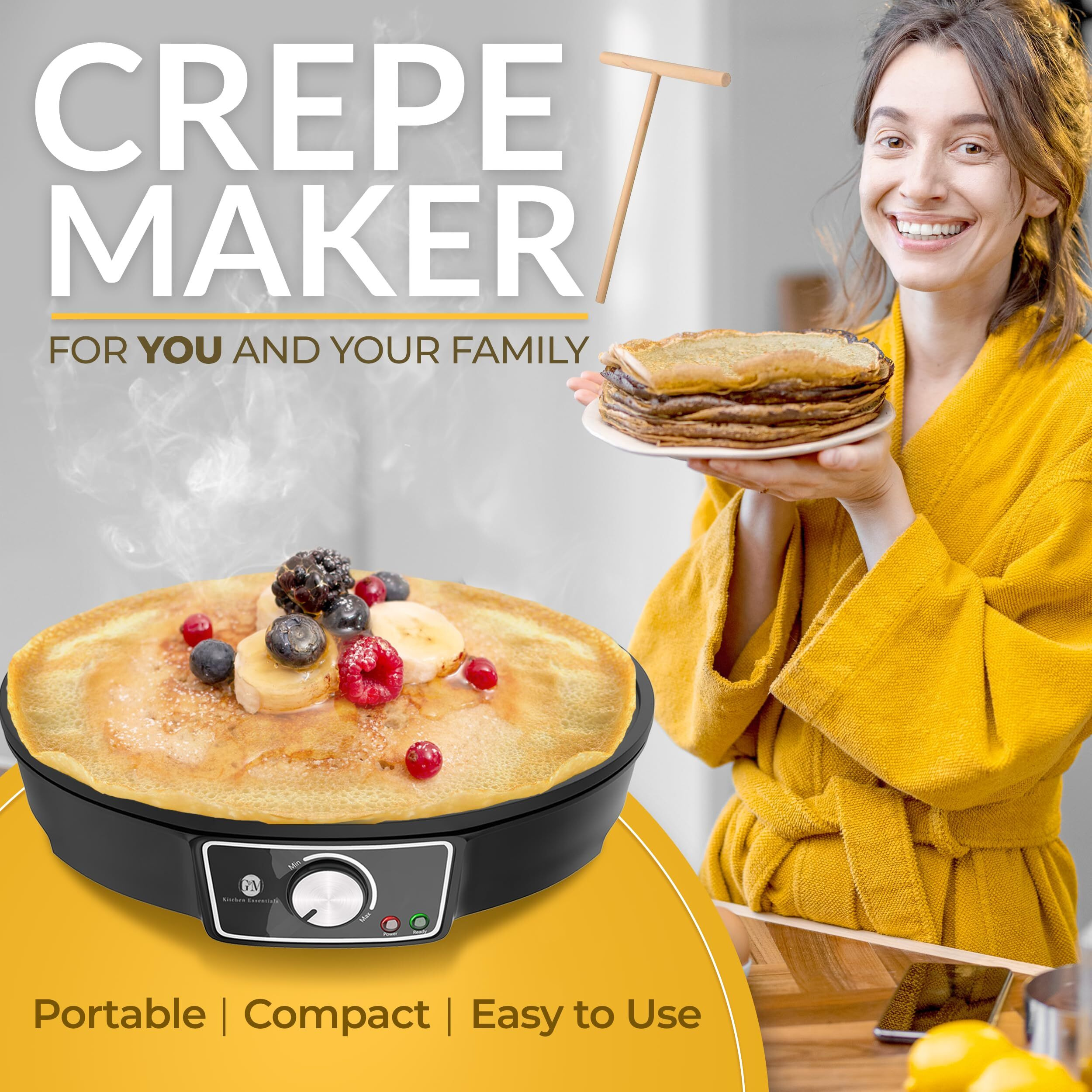 Crepe Maker Machine (Easy To Use), Pancake Griddle - Nonstick 12    Electric Griddle - Pancake Maker, Batter Spreader, Wooden Spatula - Crepe Pan For Crepes Roti, Tortilla, Blintzes - Portable, Compact