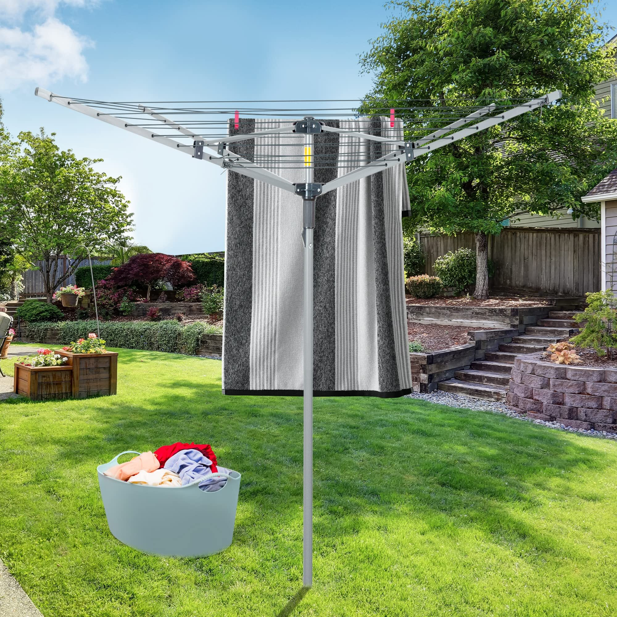 Js Hanger Collapsible 4-Arm Rotary Outdoor Umbrella Drying Rack Clothes Dryer Clothesline With 131Ft Drying Space