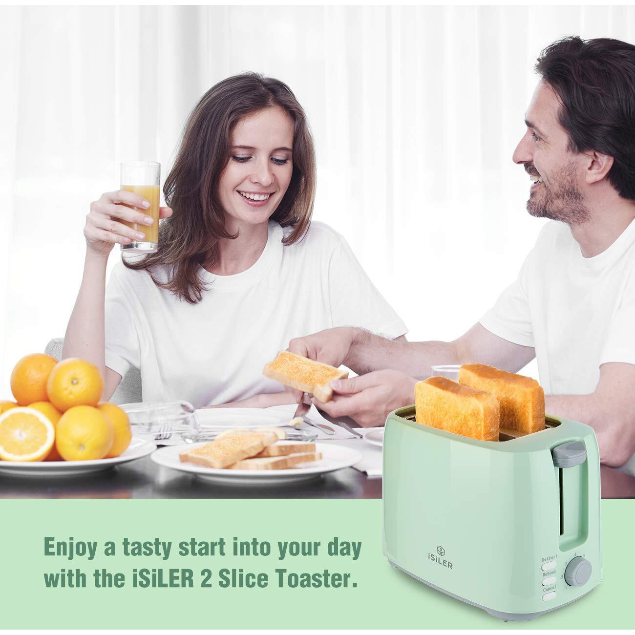 Isiler 2 Slice Toaster, 1.3 Inches Wide Slot Bagel Toaster With 7 Shade Settings And Double Side Baking, Removable Crumb Tray, Defrost Cancel Function Green