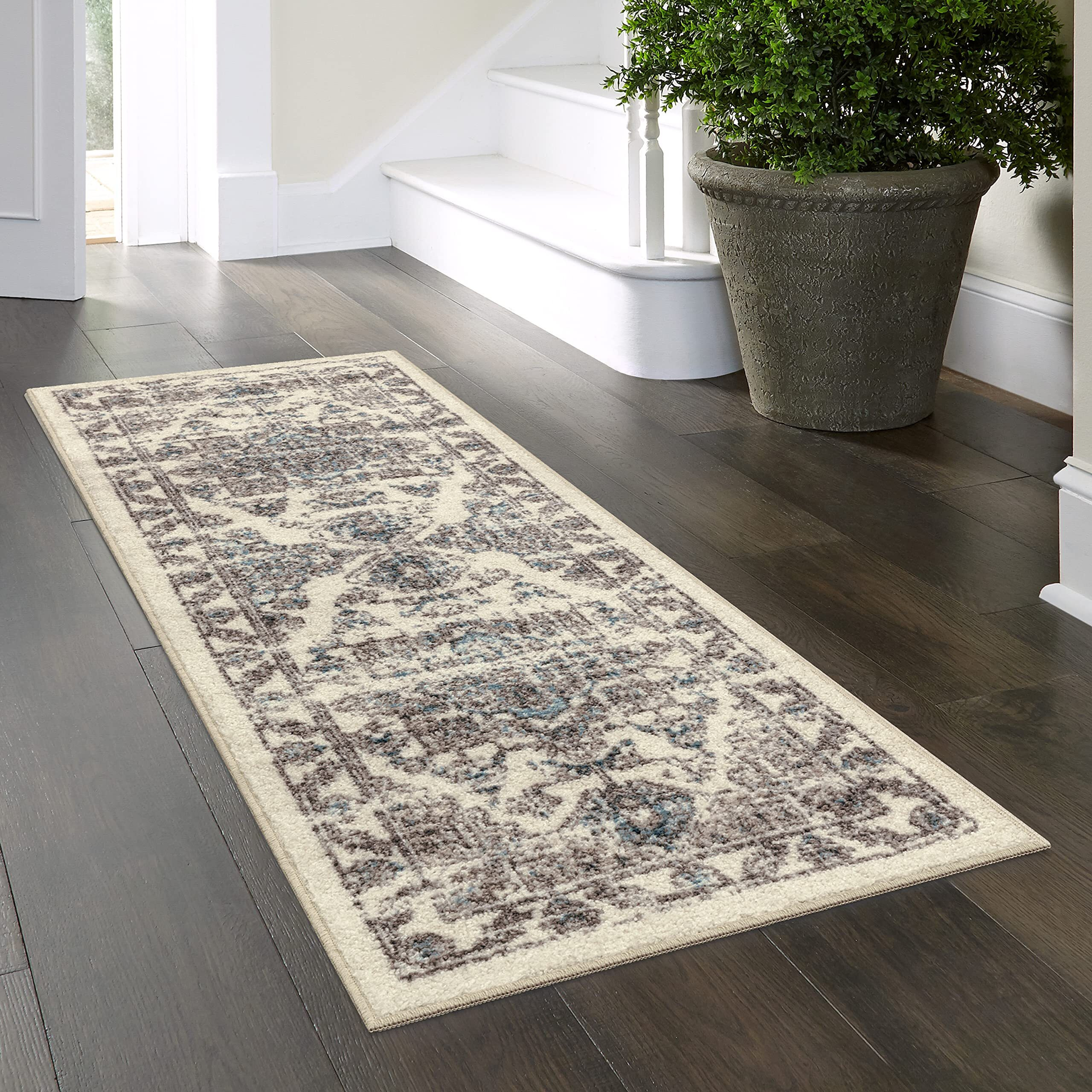 Maples Rugs Distressed Tapestry Vintage Non Slip Runner Rug For Hallway Entry Way Floor Carpet [Made In Usa], 2 X 6, Neutral
