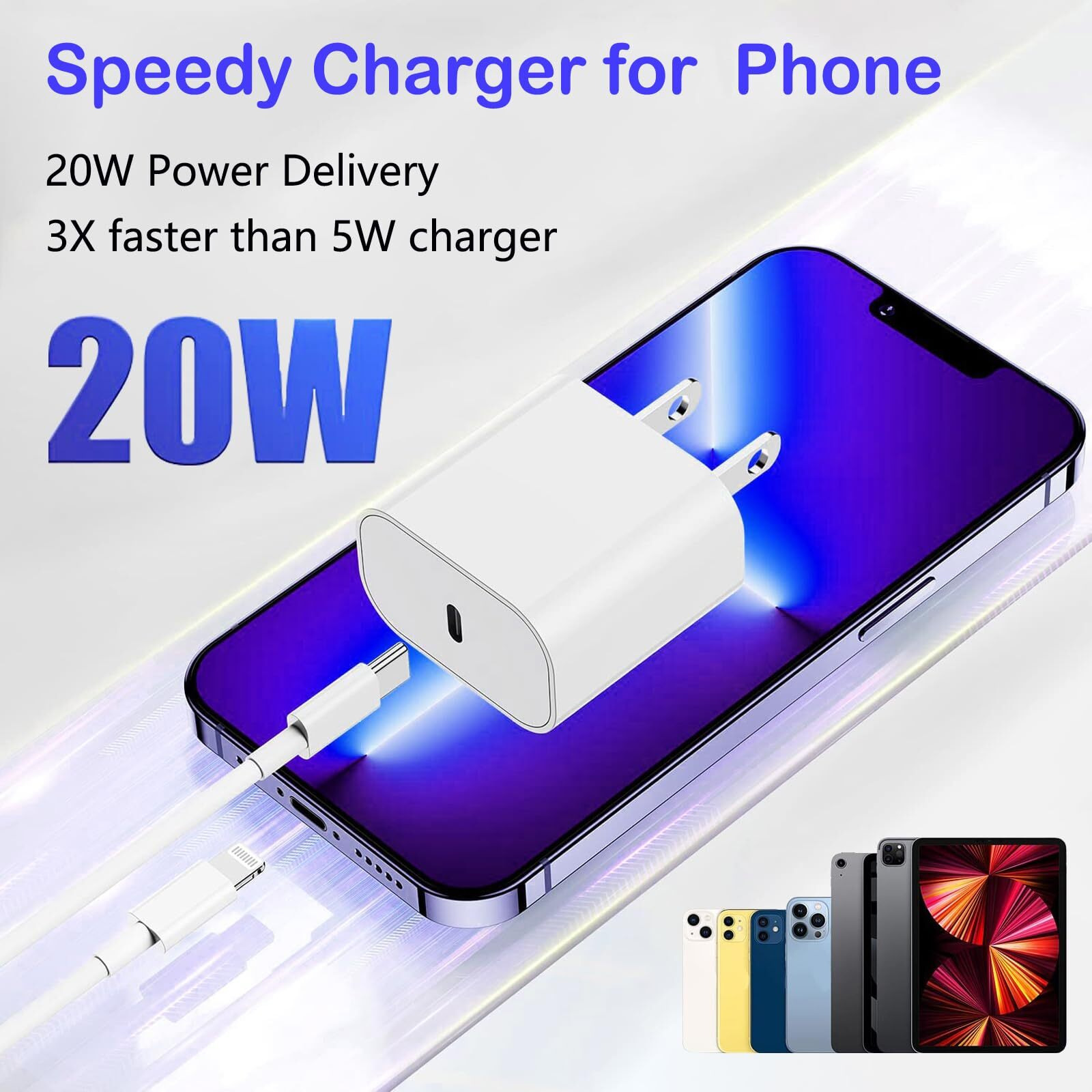 Wabklove Usb C Charger For Iphone Charger Fast Charging 20W Type C Wall Charger Block With 6Ft Long Usb C To Lightning Cable Compatible With Iphone 14Pro/13 Pro/12/12 Pro Max/11/Xs Max/Xs/Xr/X/8