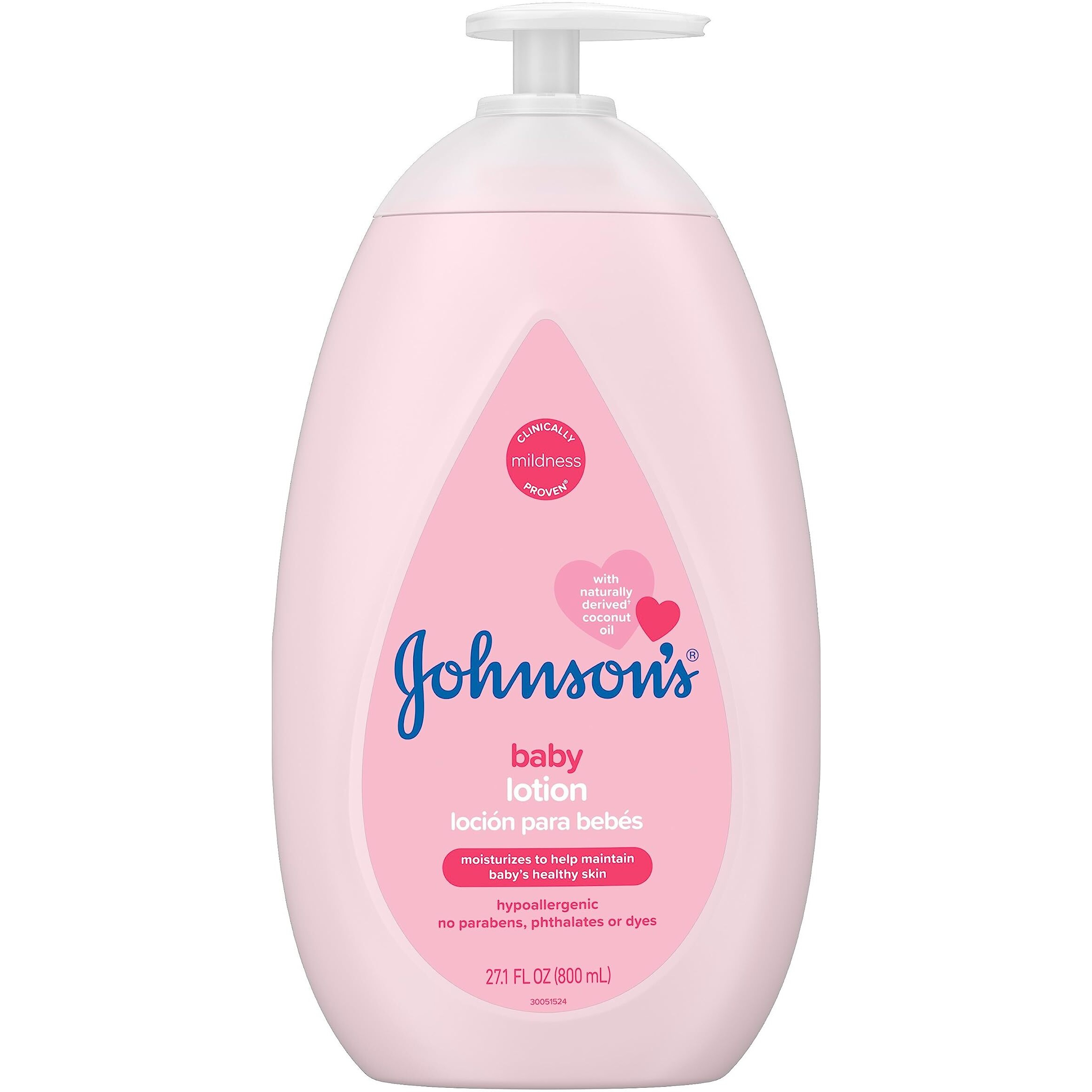 Johnson's Moisturizing Mild Pink Baby Lotion With Coconut Oil For Delicate Baby Skin, Paraben-, Phthalate- & Dye-Free, Hypoallergenic & Dermatologist-Tested, Baby Skin Care, 27.1 Fl. Oz