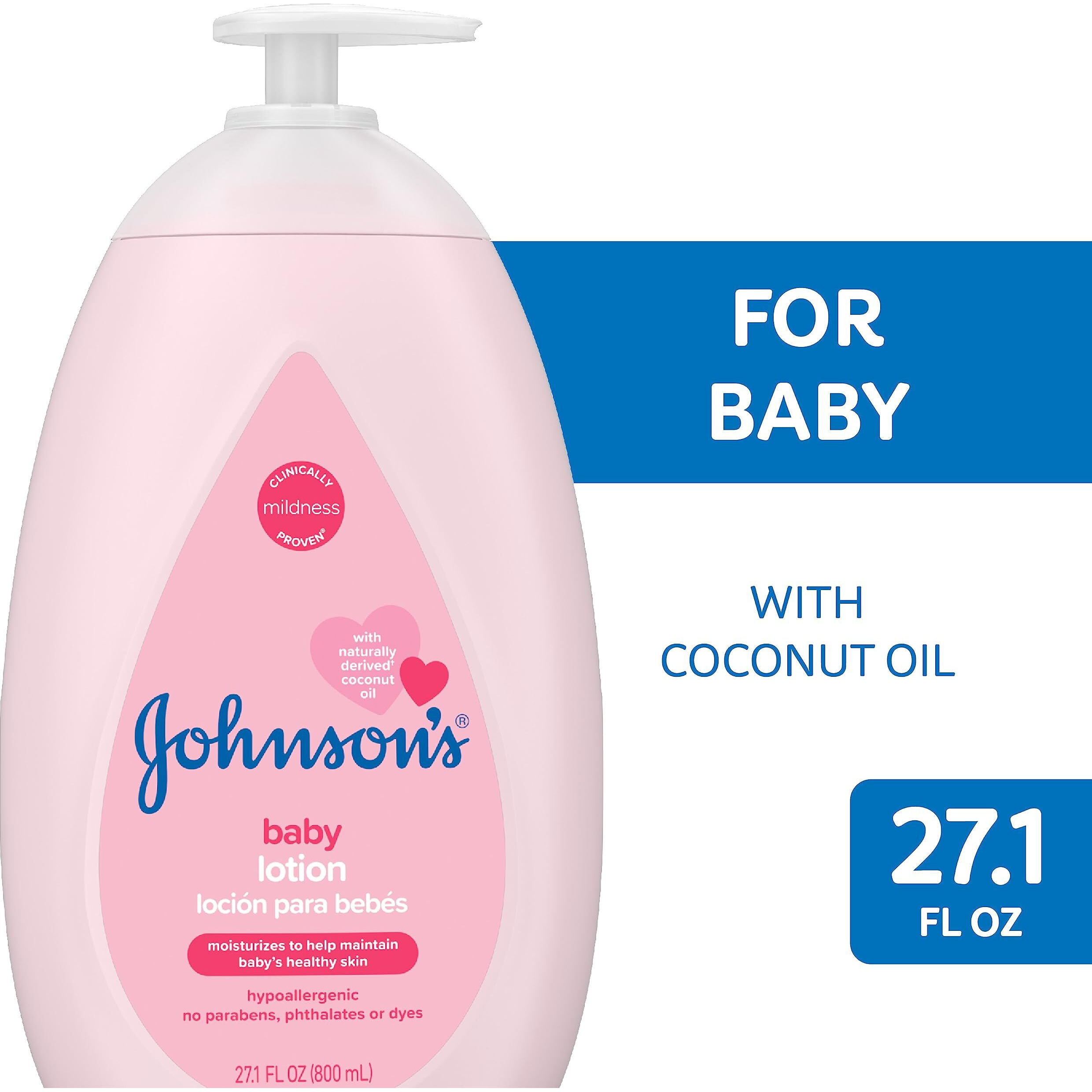 Johnson's Moisturizing Mild Pink Baby Lotion With Coconut Oil For Delicate Baby Skin, Paraben-, Phthalate- & Dye-Free, Hypoallergenic & Dermatologist-Tested, Baby Skin Care, 27.1 Fl. Oz