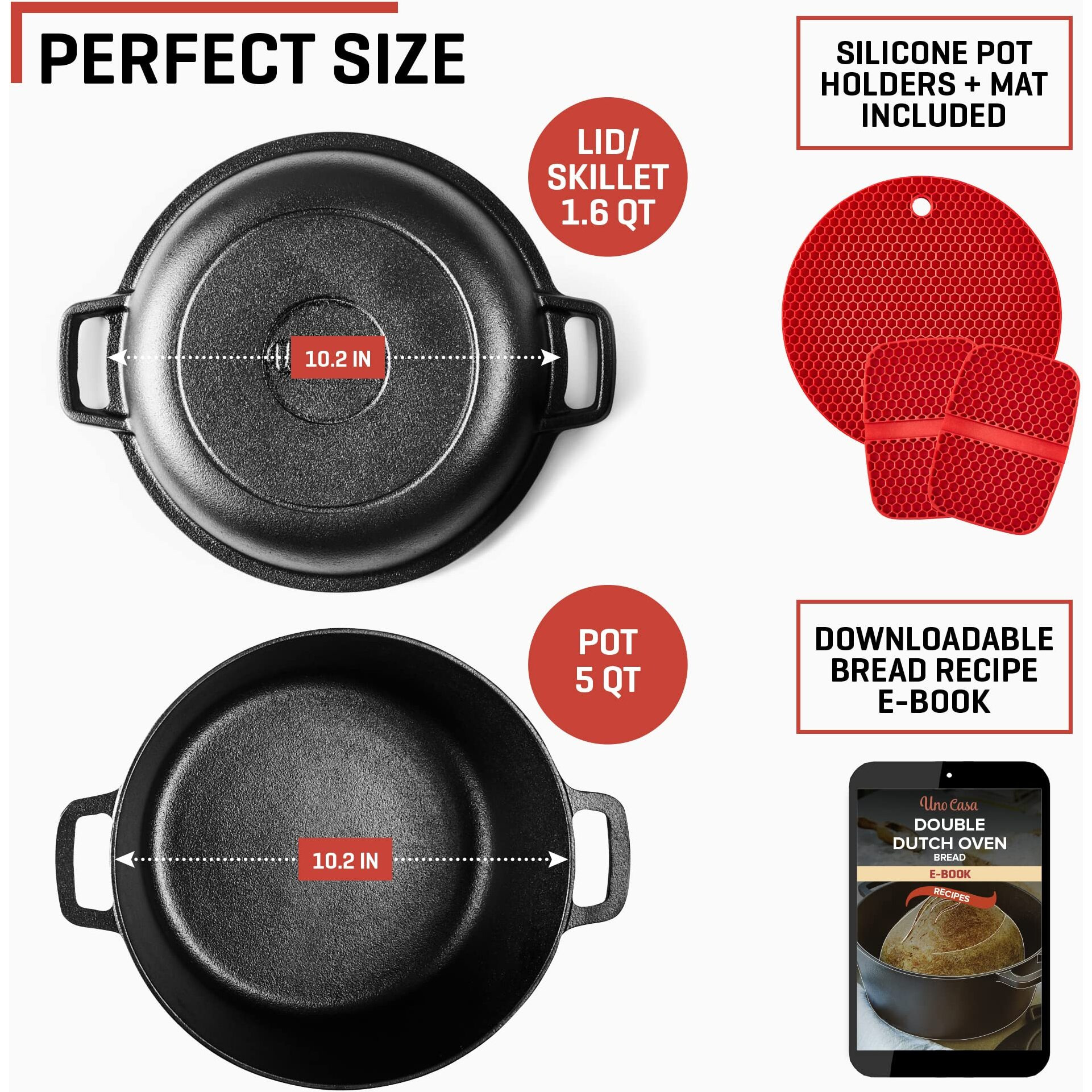 Uno Casa 2-In-1 Cast Iron Dutch Oven Large - 5 Quart Dutch Oven Pot With Lid, Pre-Seasoned Cooking Dish For Bread Baking And Stews - Heavy Duty Cast Iron Pot With Detachable Frying Pan Lid For Versatile Cooking
