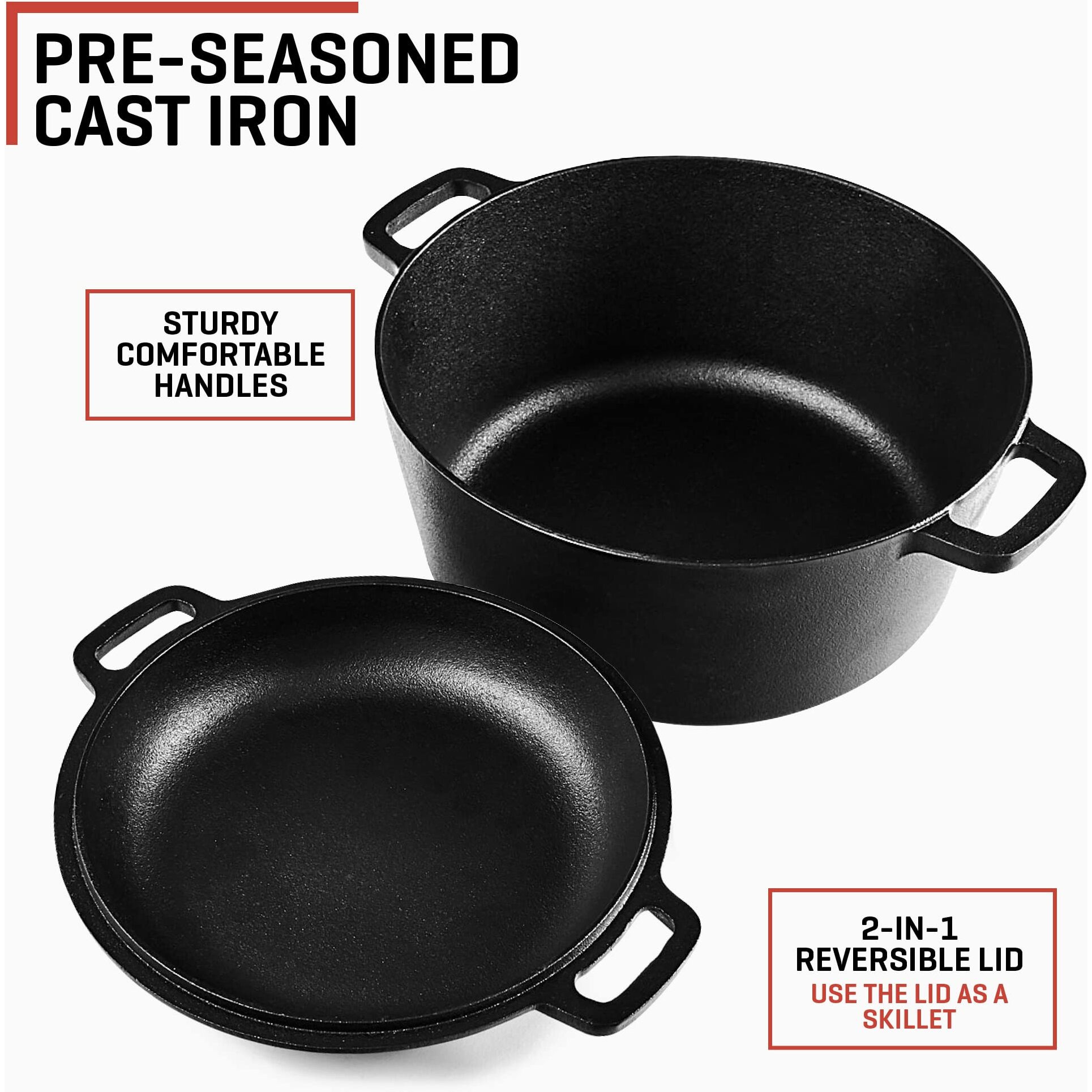 Uno Casa 2-In-1 Cast Iron Dutch Oven Large - 5 Quart Dutch Oven Pot With Lid, Pre-Seasoned Cooking Dish For Bread Baking And Stews - Heavy Duty Cast Iron Pot With Detachable Frying Pan Lid For Versatile Cooking