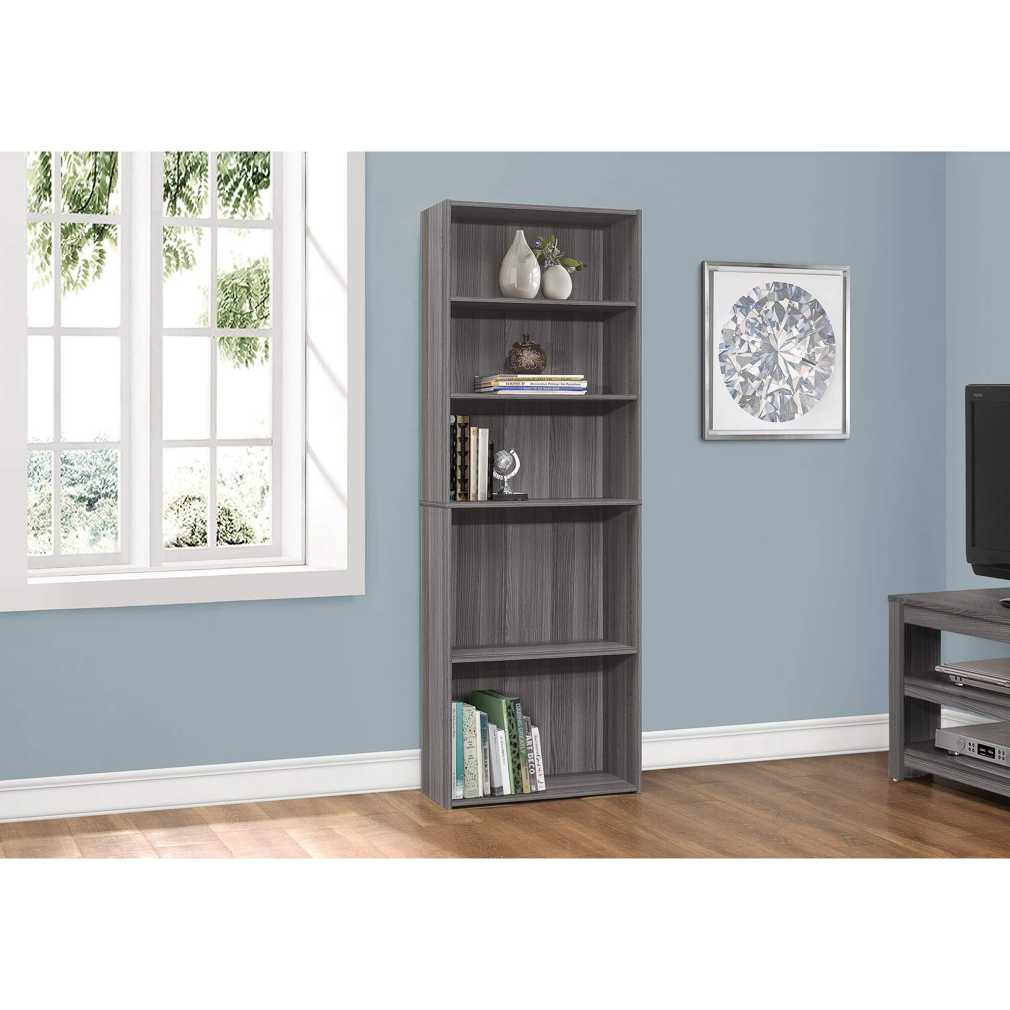 Monarch Specialties I Bookcase-72 H/Grey With 5 Shelves Bookcase, Gray