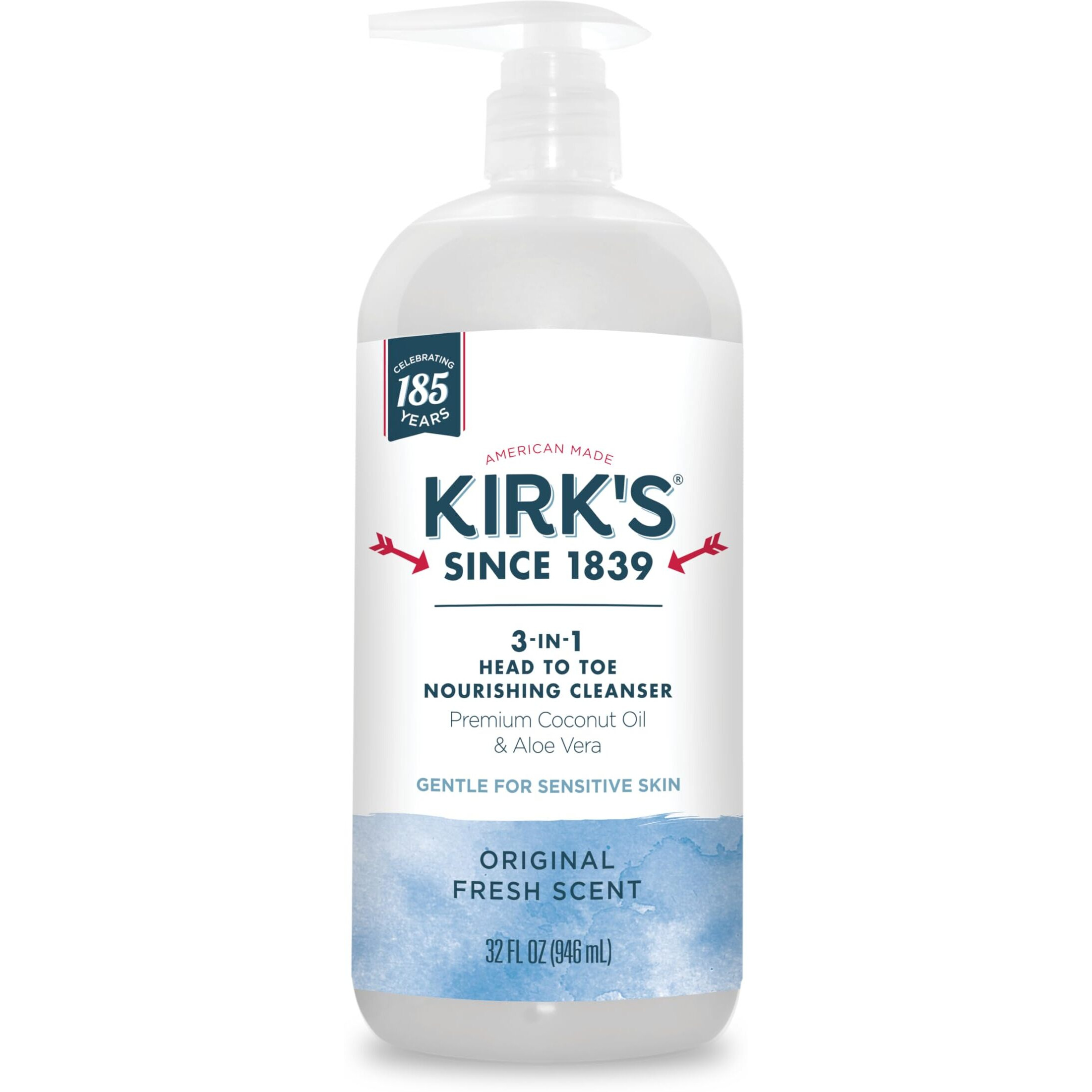 Kirk's 3-In-1 Head To Toe Nourishing Liquid Cleanser- For Men, Women & Children - Premium Coconut Oil & Aloe Vera- Non Gmo & Vegan -Original Fresh Scent - 32 Fl Oz
