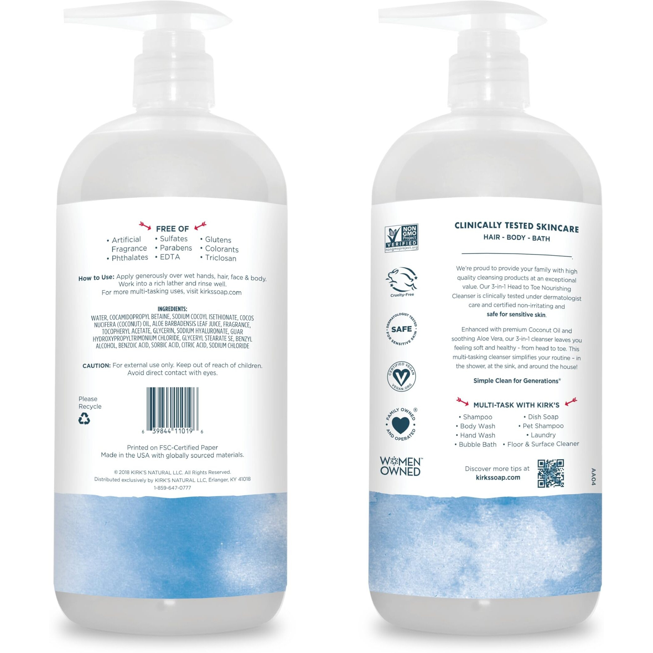 Kirk's 3-In-1 Head To Toe Nourishing Liquid Cleanser- For Men, Women & Children - Premium Coconut Oil & Aloe Vera- Non Gmo & Vegan -Original Fresh Scent - 32 Fl Oz