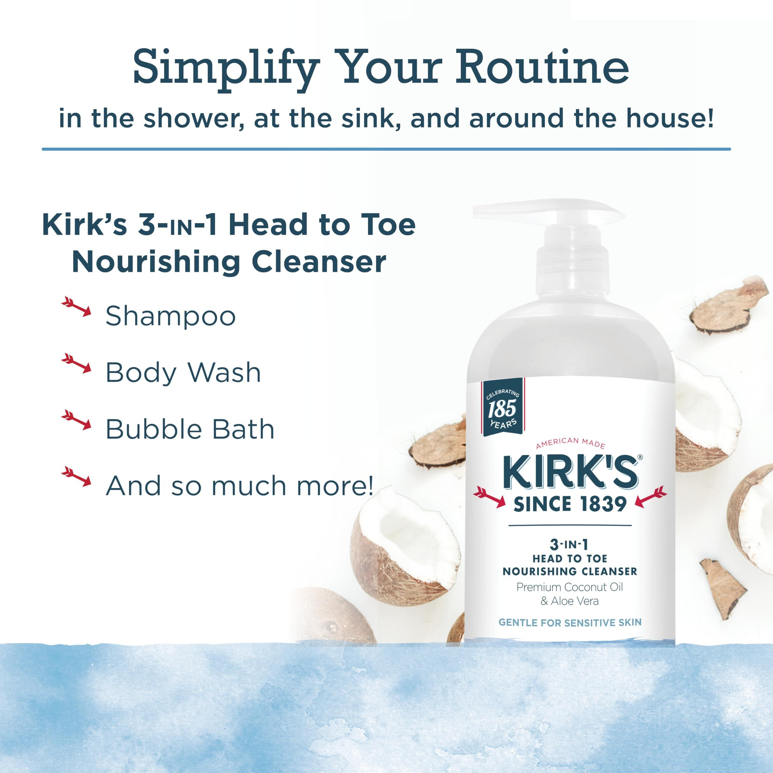 Kirk's 3-In-1 Head To Toe Nourishing Liquid Cleanser- For Men, Women & Children - Premium Coconut Oil & Aloe Vera- Non Gmo & Vegan -Original Fresh Scent - 32 Fl Oz