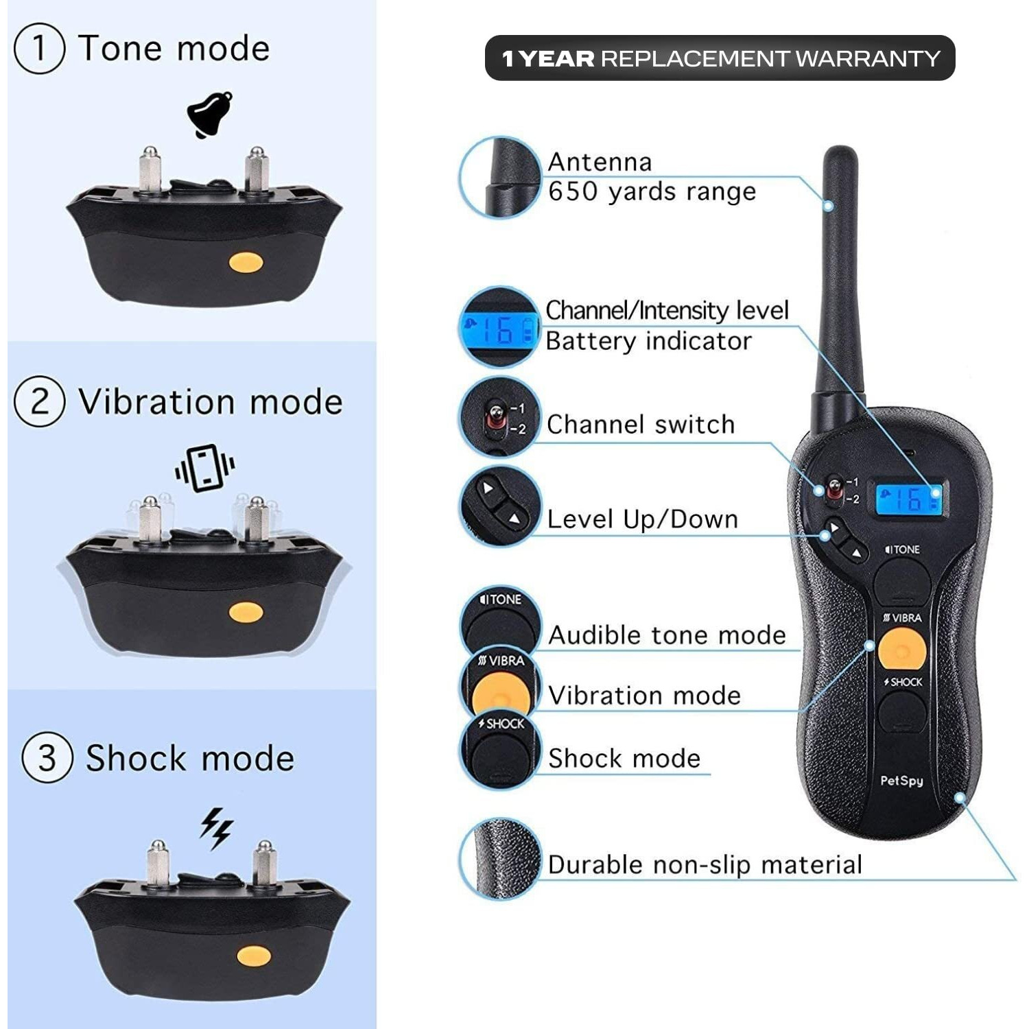 Petspy Shock Collar For Dogs-Waterproof Dog Shock Collar With Remote Control,Vibration,Electric Shock,Beep-Rechargeable E Collar For Dogs Training, Dog Training Collar With Remote For Dogs 10-140 Lbs