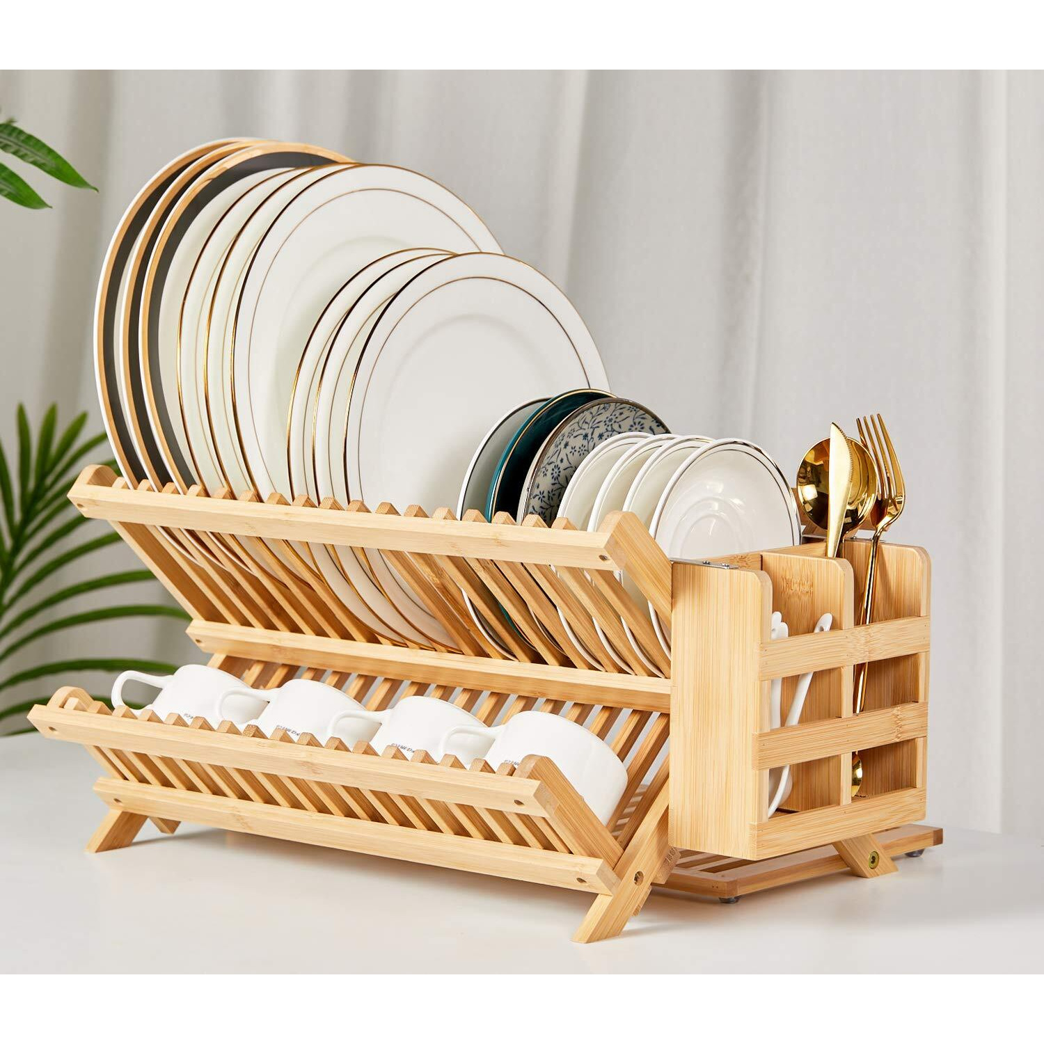 Novayeah Bamboo Dish Drying Rack With Utensil Holder, Collapsible Wooden Dish Drainer Rack, 3-Tier Large Folding Drying Holder For Kitchen Counter