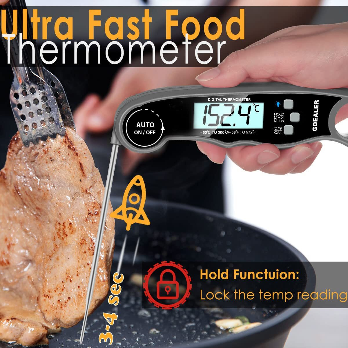 Gdealer Meat Thermometer Digital Instant Read Thermometer Ultra-Fast Cooking Food Thermometer With 4.6    Folding Probe Calibration Function For Kitchen Milk Candy, Bbq Grill, Smokers (Grey)