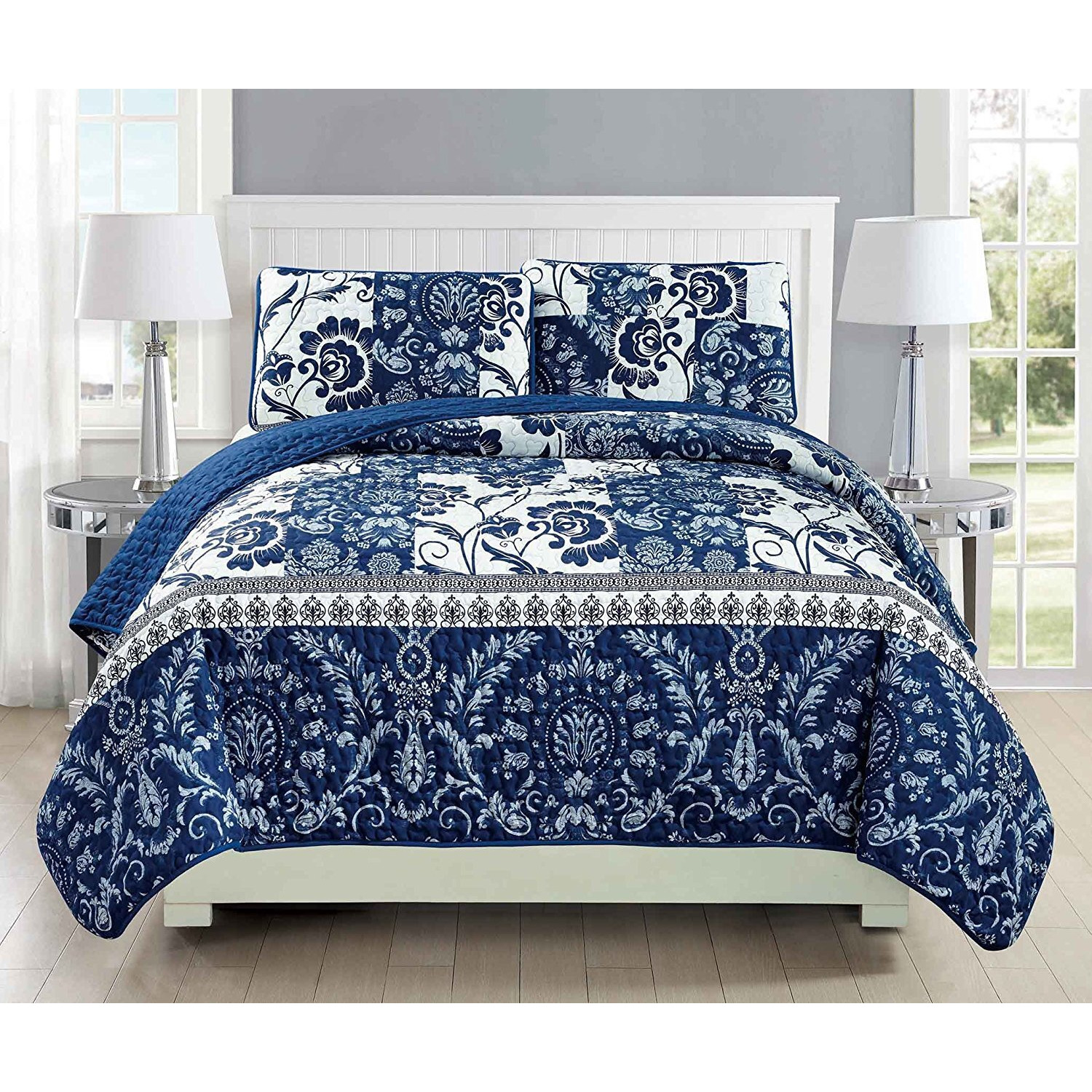 Fancy Collection 3Pc Quilted Bedspread Set Coverlet Over Size New (King/California King, Navy Blue, White)