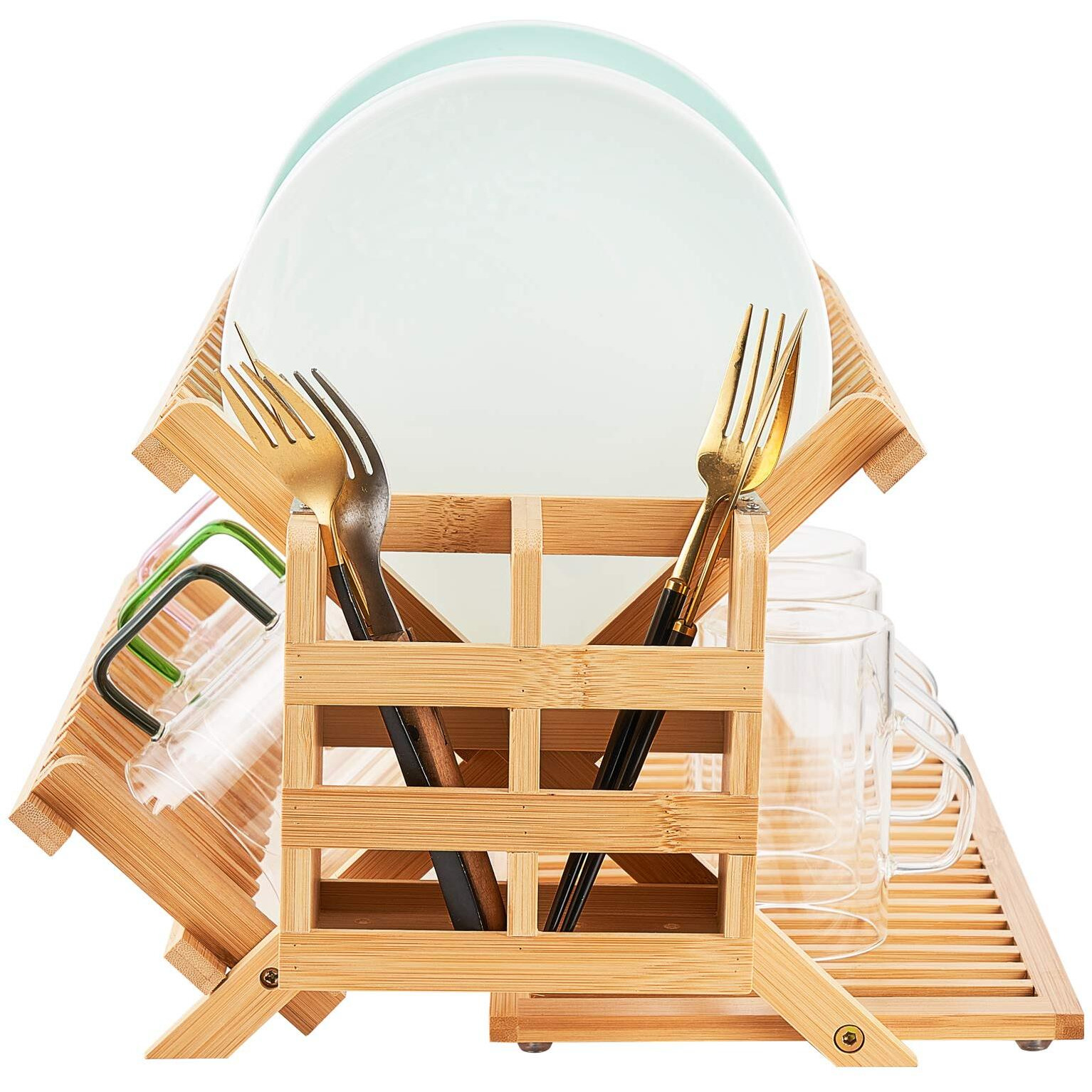 Worthyeah Bamboo Dish Drying Rack, 3 Tier Collapsible Wooden Dish Drying Rack With Utensil Holder, Plate Rack Holder For Kitchen Counter, Large Folding Drying Holder, Dish Drainer