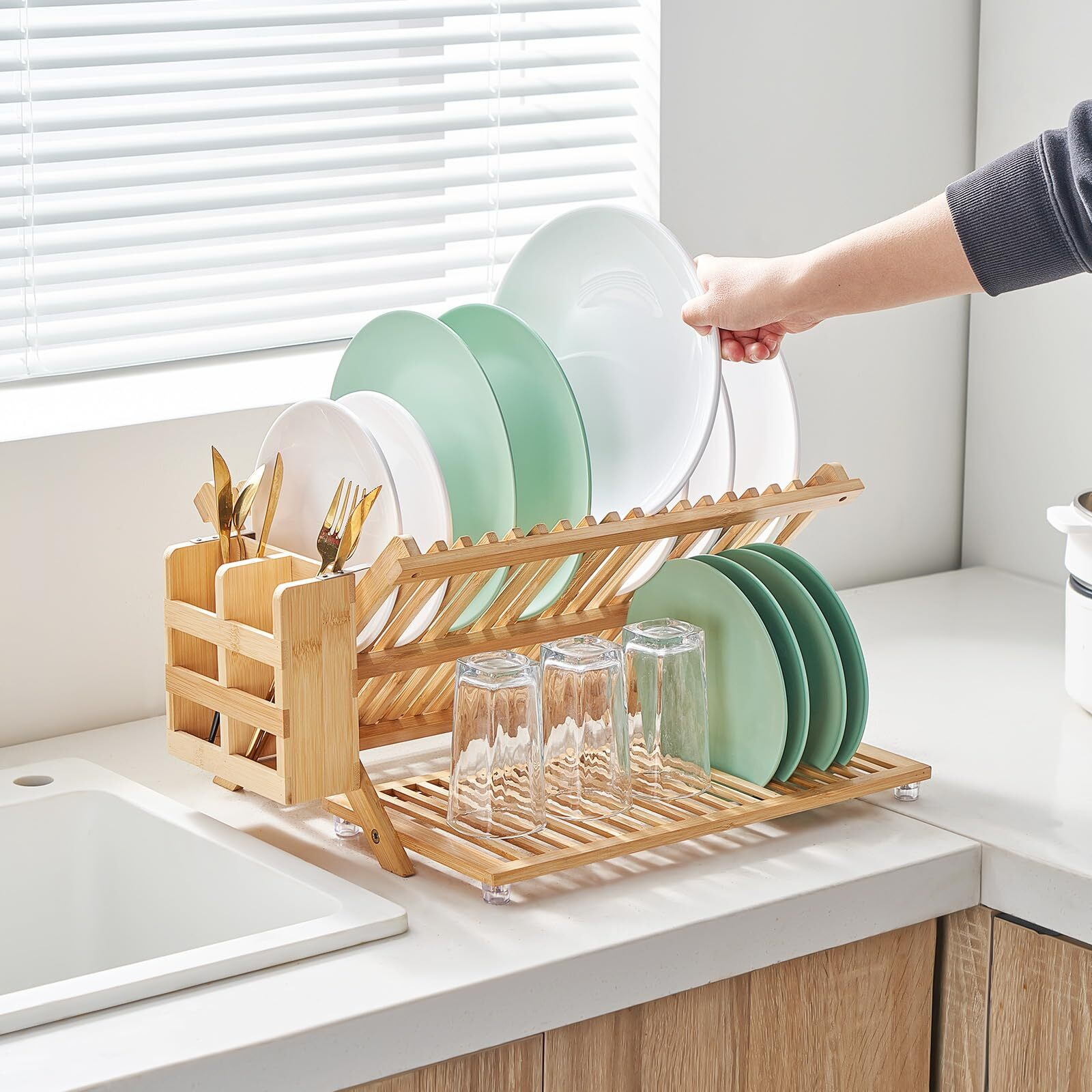 Worthyeah Bamboo Dish Drying Rack, 3 Tier Collapsible Wooden Dish Drying Rack With Utensil Holder, Plate Rack Holder For Kitchen Counter, Large Folding Drying Holder, Dish Drainer
