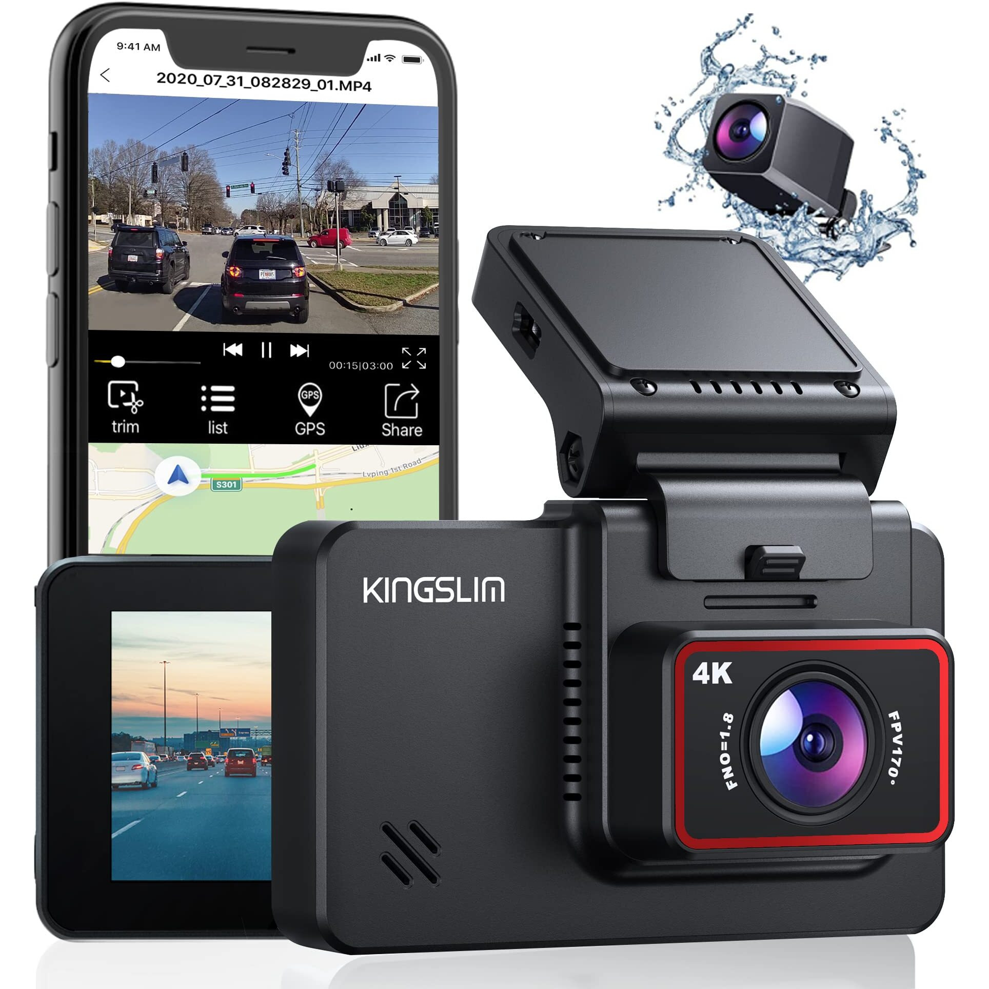 Kingslim D4 Dual Dash Cam With Built-In Wifi Gps, Front 4K/2.5K Rear 1080P For Cars , 3"" Ips Touchscreen 170 Fov Dashboard Camera With Sony Starvis Sensor, Support 256Gb Max