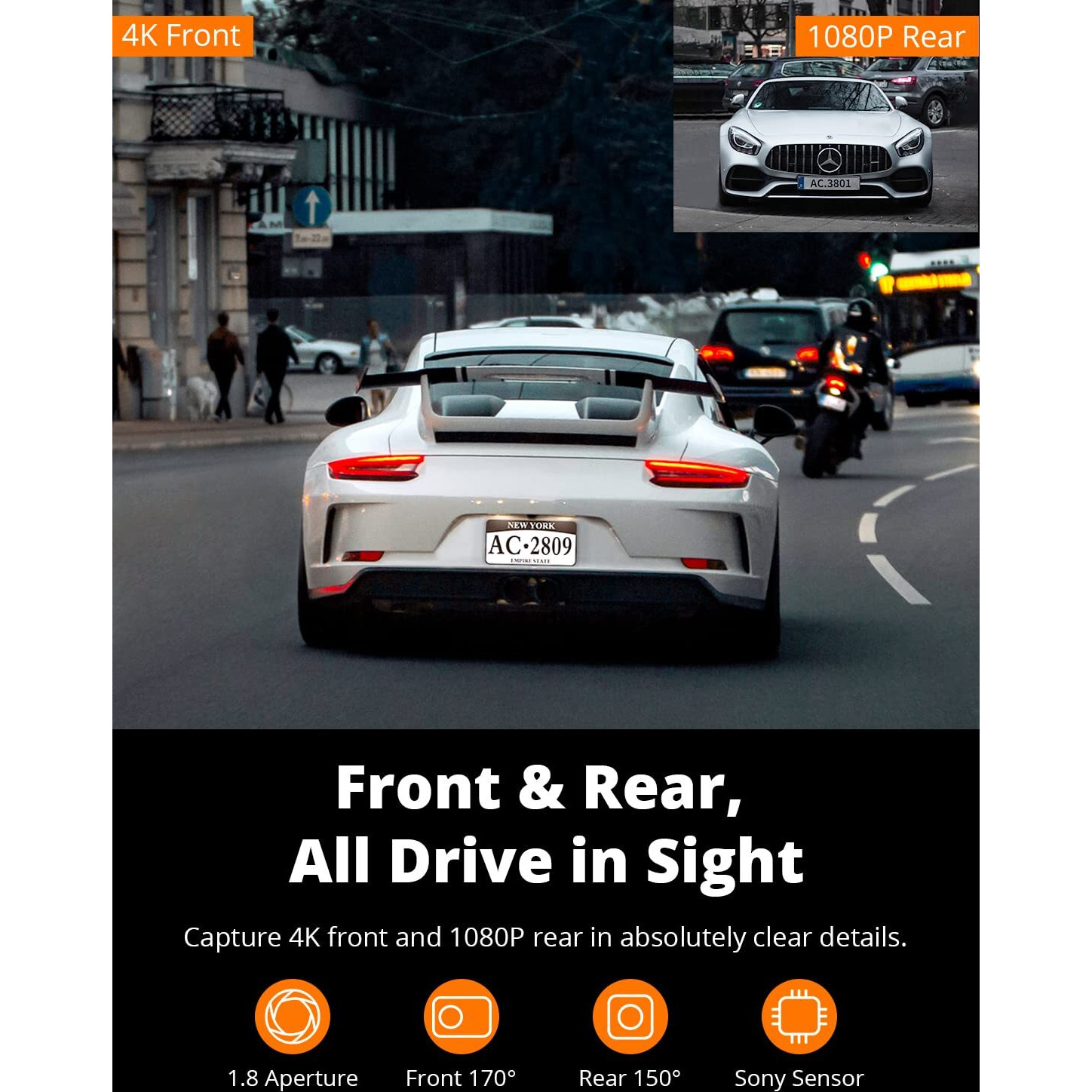 Kingslim D4 Dual Dash Cam With Built-In Wifi Gps, Front 4K/2.5K Rear 1080P For Cars , 3"" Ips Touchscreen 170 Fov Dashboard Camera With Sony Starvis Sensor, Support 256Gb Max