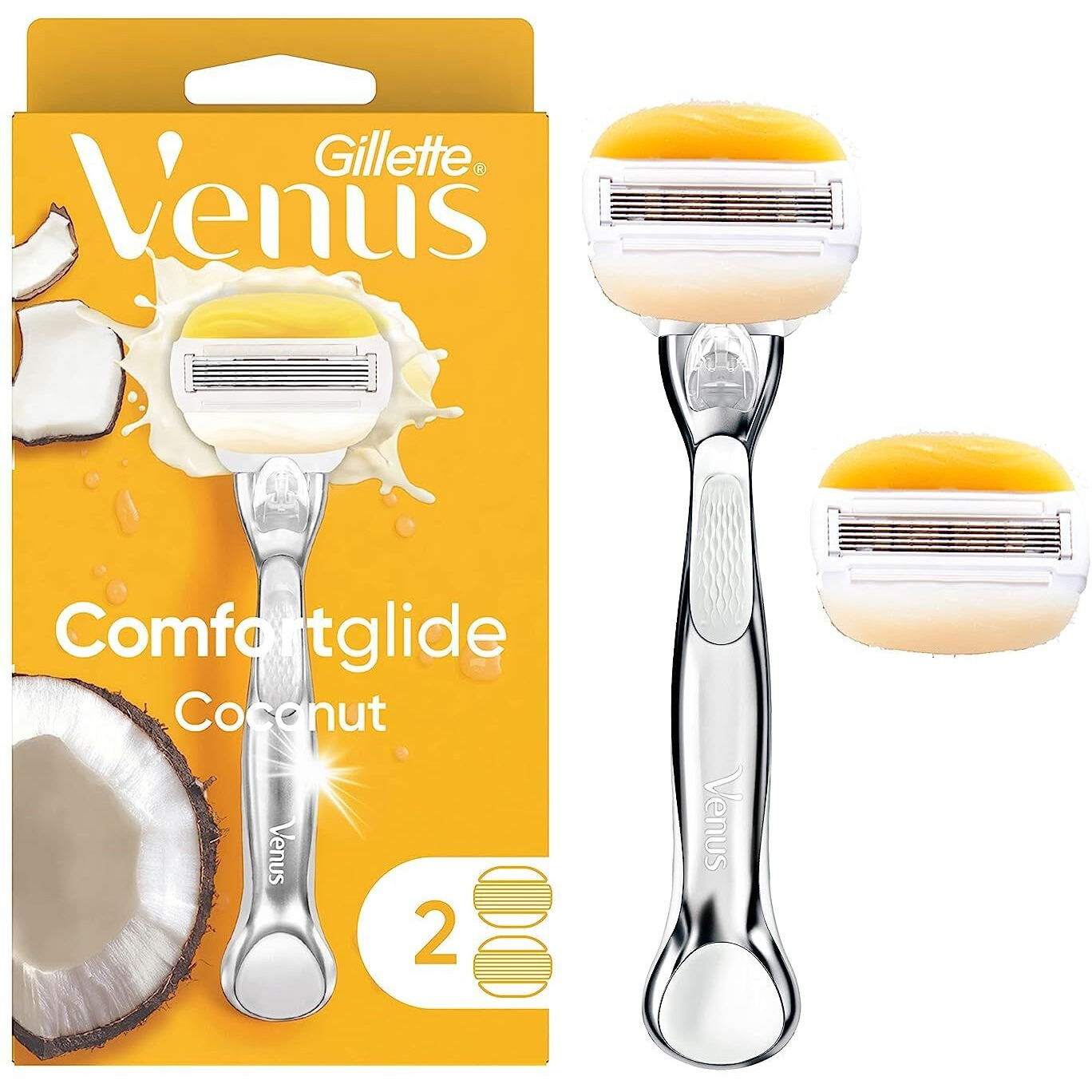 Gillette Venus Comfortglide With Olay Coconut Womens Razor Handle + Blade Refills, Silver, 2 Count