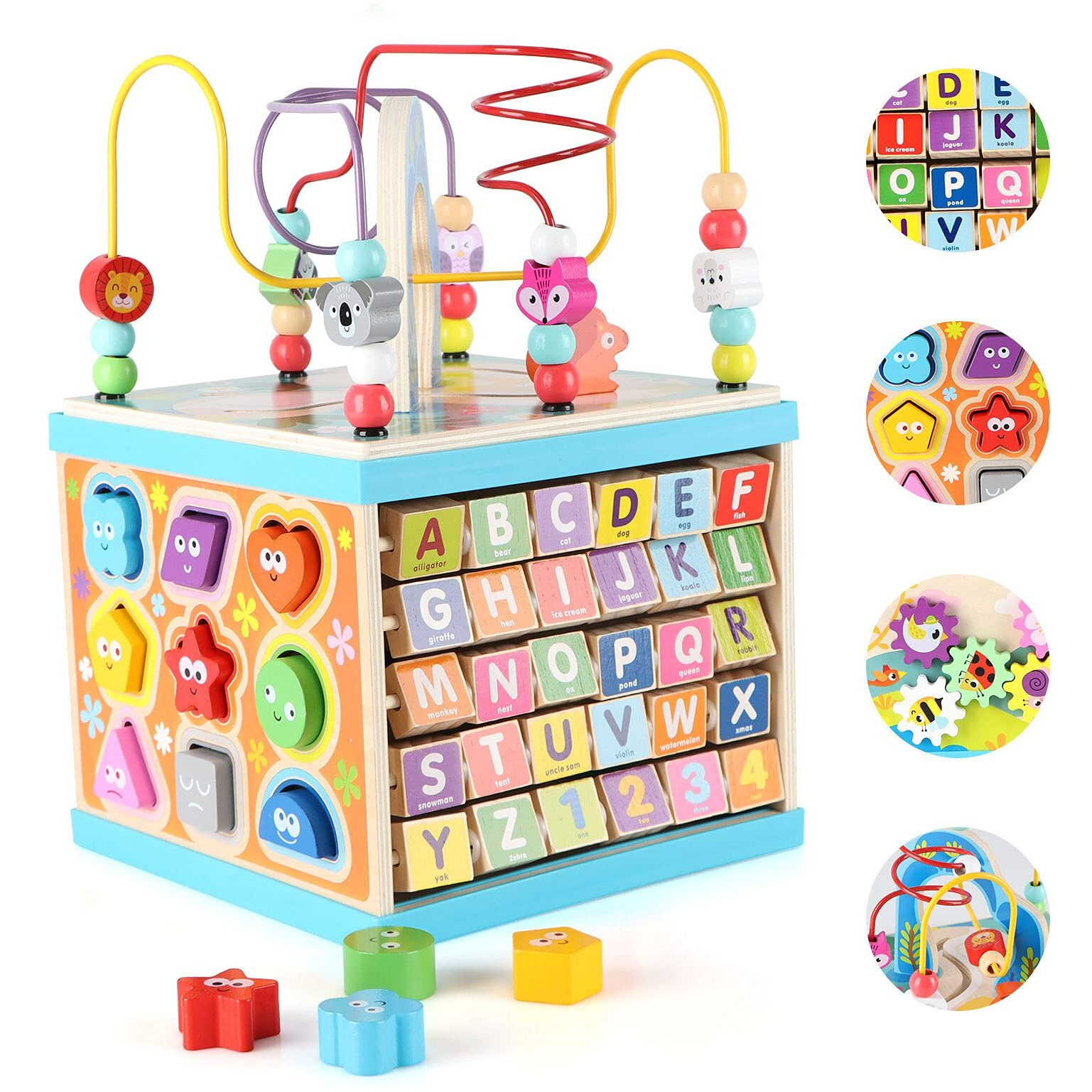 Qilay Wooden Activity Cube For Toddlers 1-3 (Large), 5 In 1 Multipurpose Abc-123 Abacus Bead Maze Shape Sorter | Early Educational Toy For Toddlers - First Birthday Present For Boys Girls