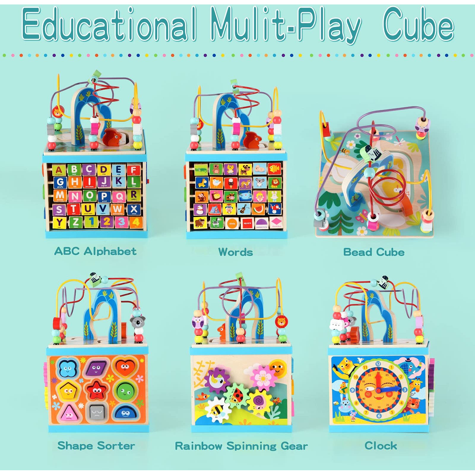 Qilay Wooden Activity Cube For Toddlers 1-3 (Large), 5 In 1 Multipurpose Abc-123 Abacus Bead Maze Shape Sorter | Early Educational Toy For Toddlers - First Birthday Present For Boys Girls