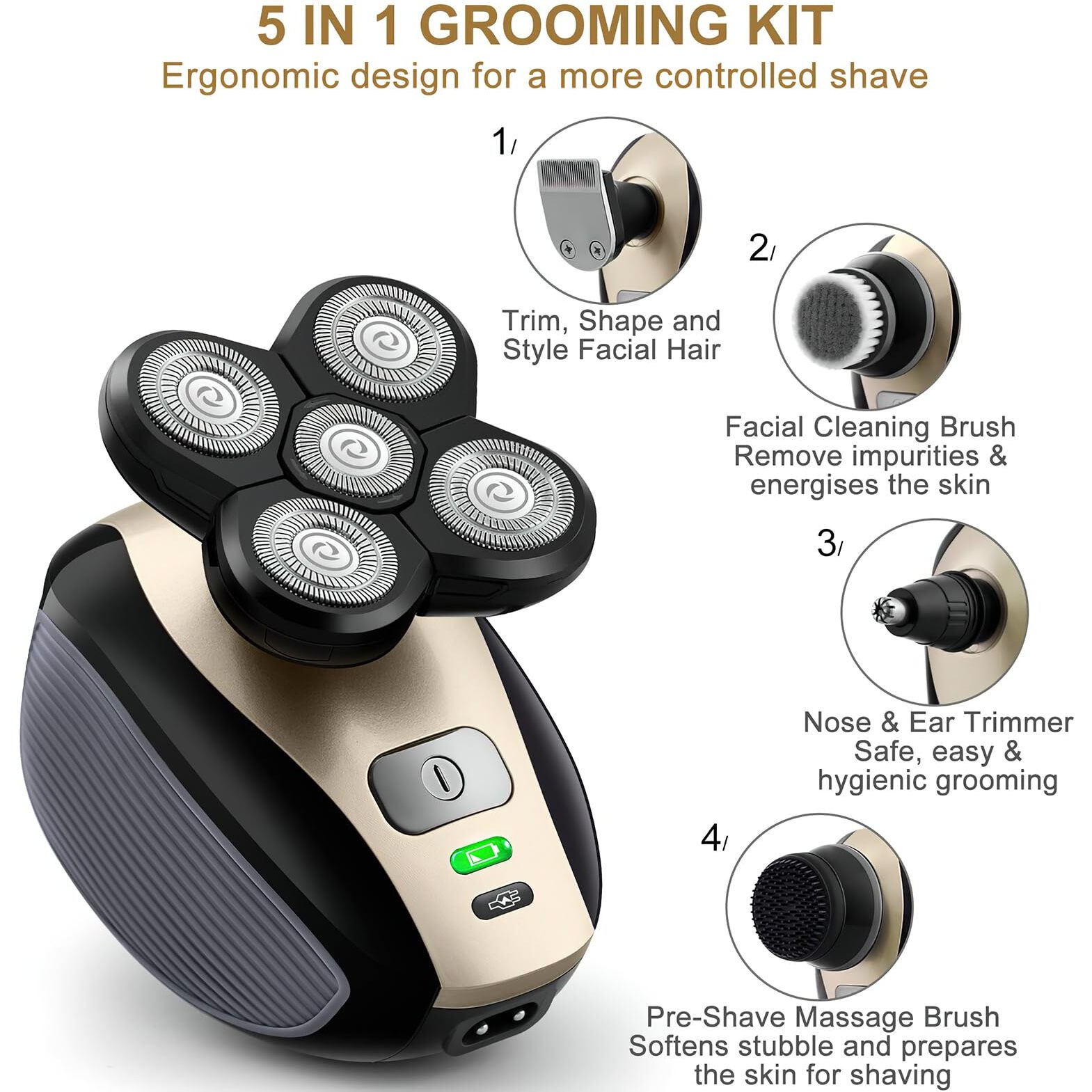 Bald Shavers For Men - Telfun Upgrade 5-In-1 Electric Head Shavers For Bald Men, 100% Waterproof Cordless Razor, Wet/Dry Shaving, 5 Dual Track Heads, Mess-Free Hair Capture