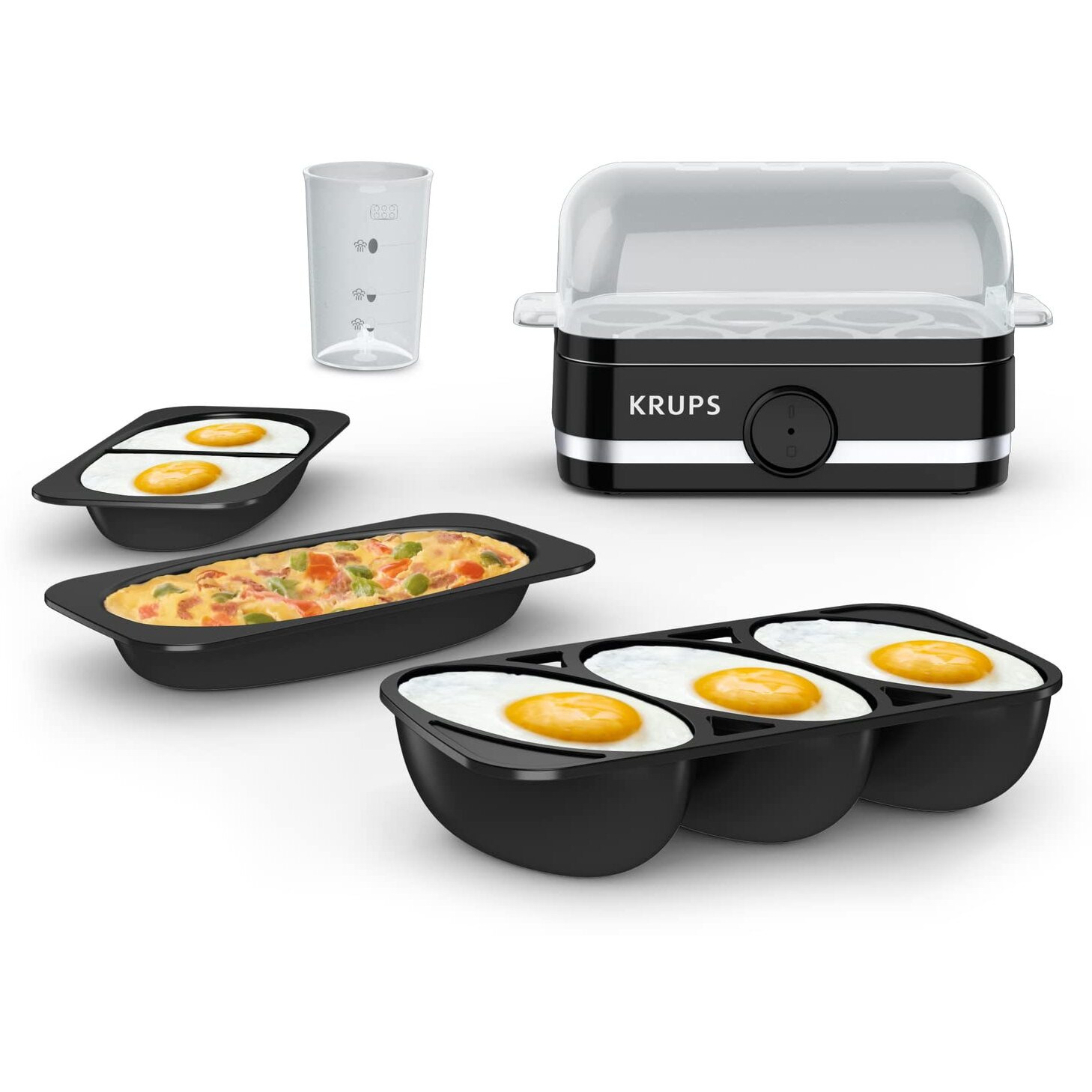 Krups Simply Electric Plastic And Stainless Steel Egg Cooker 6 Eggs 400 Watts Hard, Medium, And Soft Boiled, Poached, Scrambled, Omelets, Rapid Cook Black