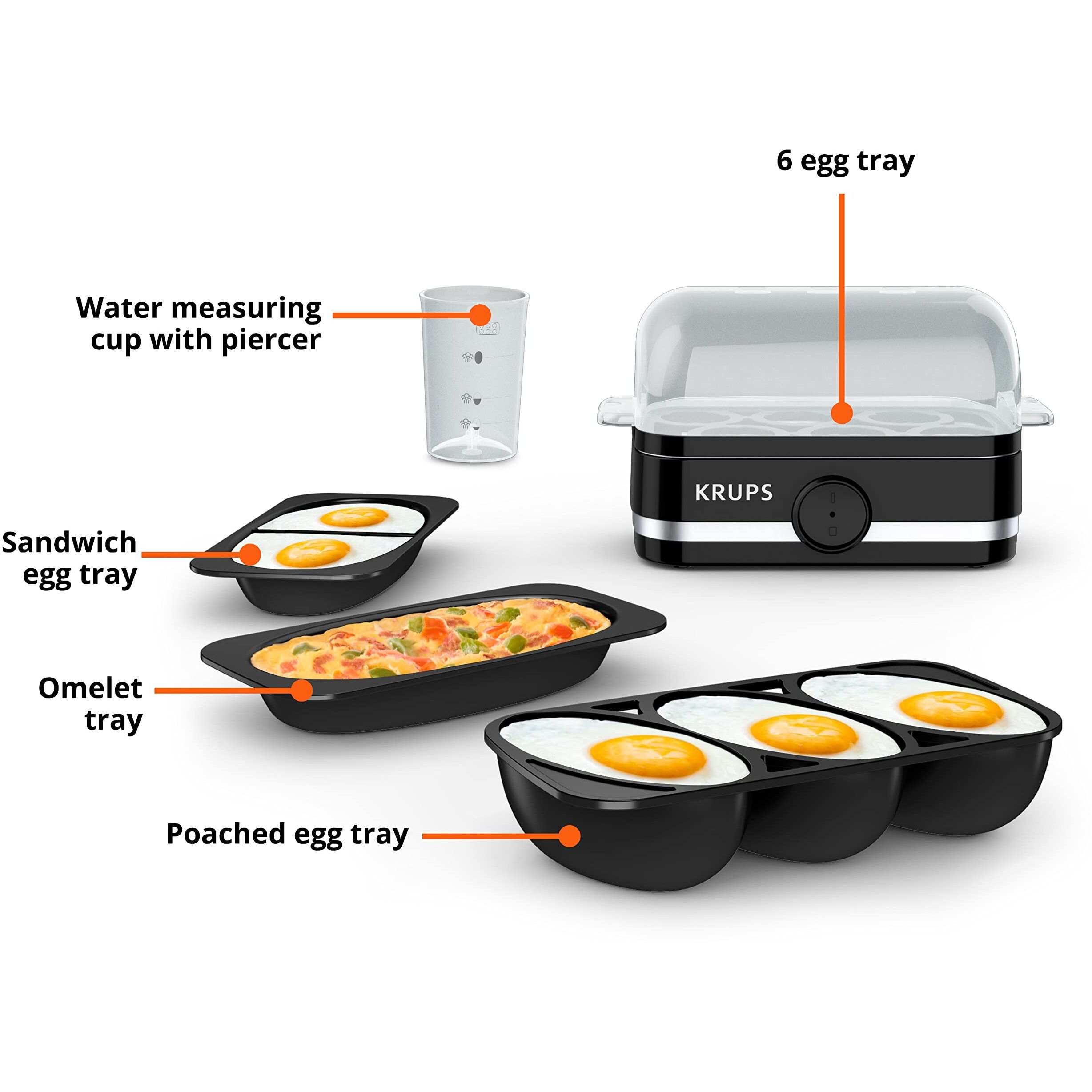 Krups Simply Electric Plastic And Stainless Steel Egg Cooker 6 Eggs 400 Watts Hard, Medium, And Soft Boiled, Poached, Scrambled, Omelets, Rapid Cook Black