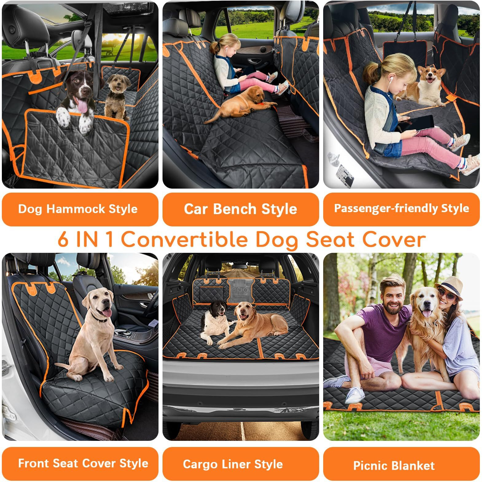 Urpower 6 In 1 Convertible Dog Car Seat Cover For Back Seat 60/40 Split Dog Seat Cover 100% Waterproof Dog Hammock For Car Nonslip Pet Seat Cover With Mesh Window & Pocket For Cars Trucks And Suvs