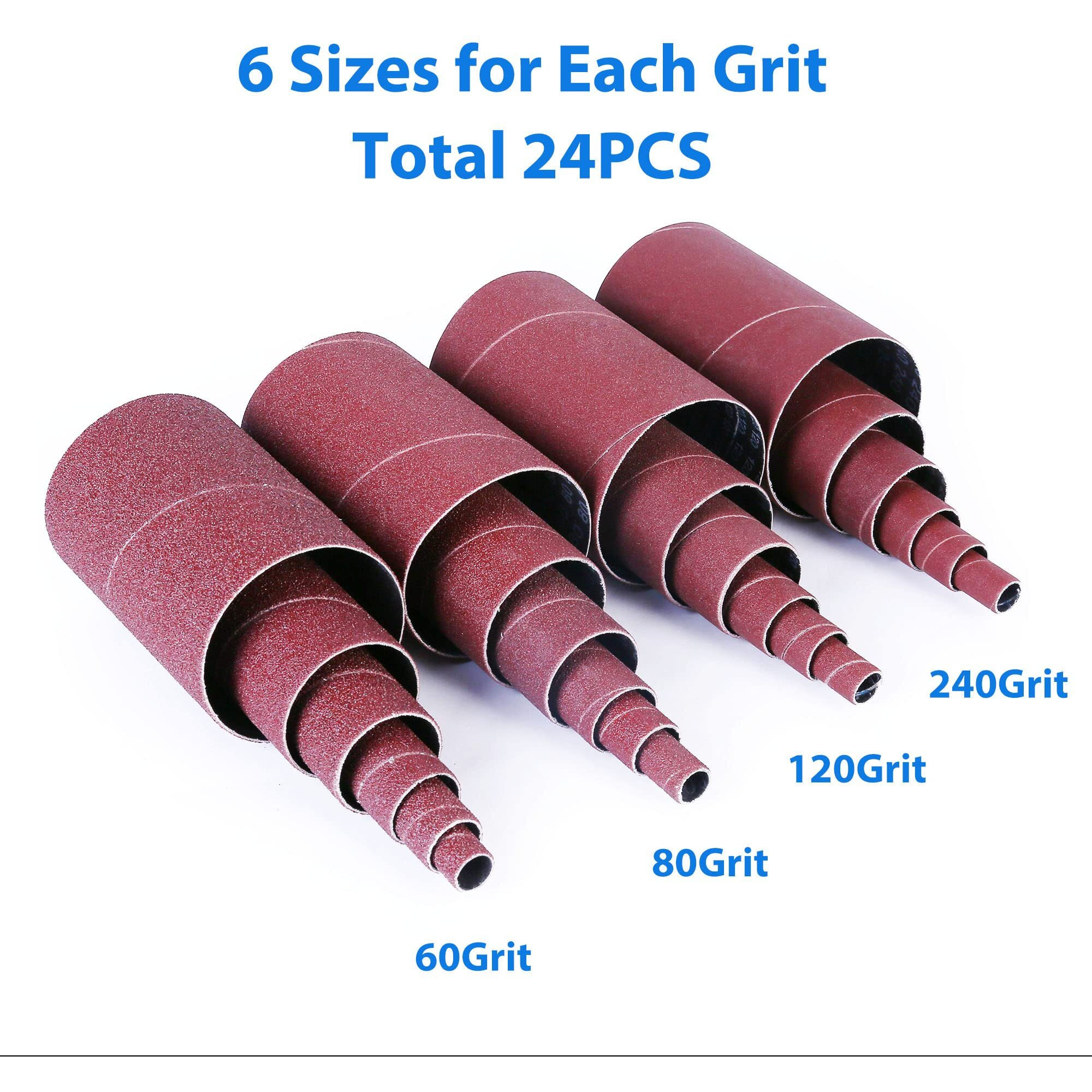 Lotfancy Spindle Sander Sleeves, 24Pcs Sanding Sleeves For Oscillating Sander, 60 80 120 240 Assorted Grit Sandpaper, 4-1/2    Length, 1/2   , 3/4   , 1   , 1-1/2   , 2   , 3    Diameter