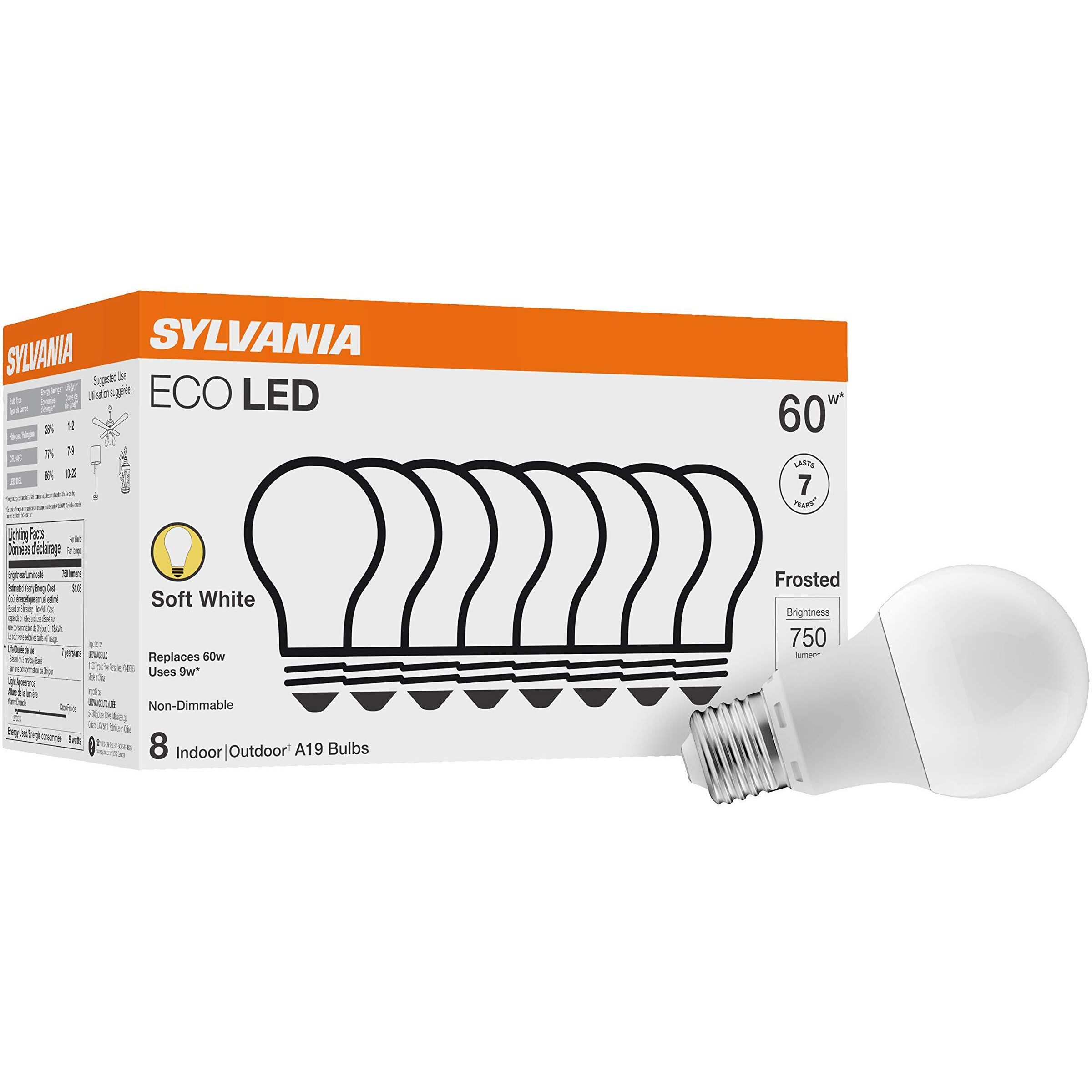 Sylvania Eco Led Light Bulb, A19 60W Equivalent, Efficient 9W, 7 Year, 750 Lumens, 2700K, Non-Dimmable, Frosted, Soft White - 8 Count (Pack Of 1) (40821)