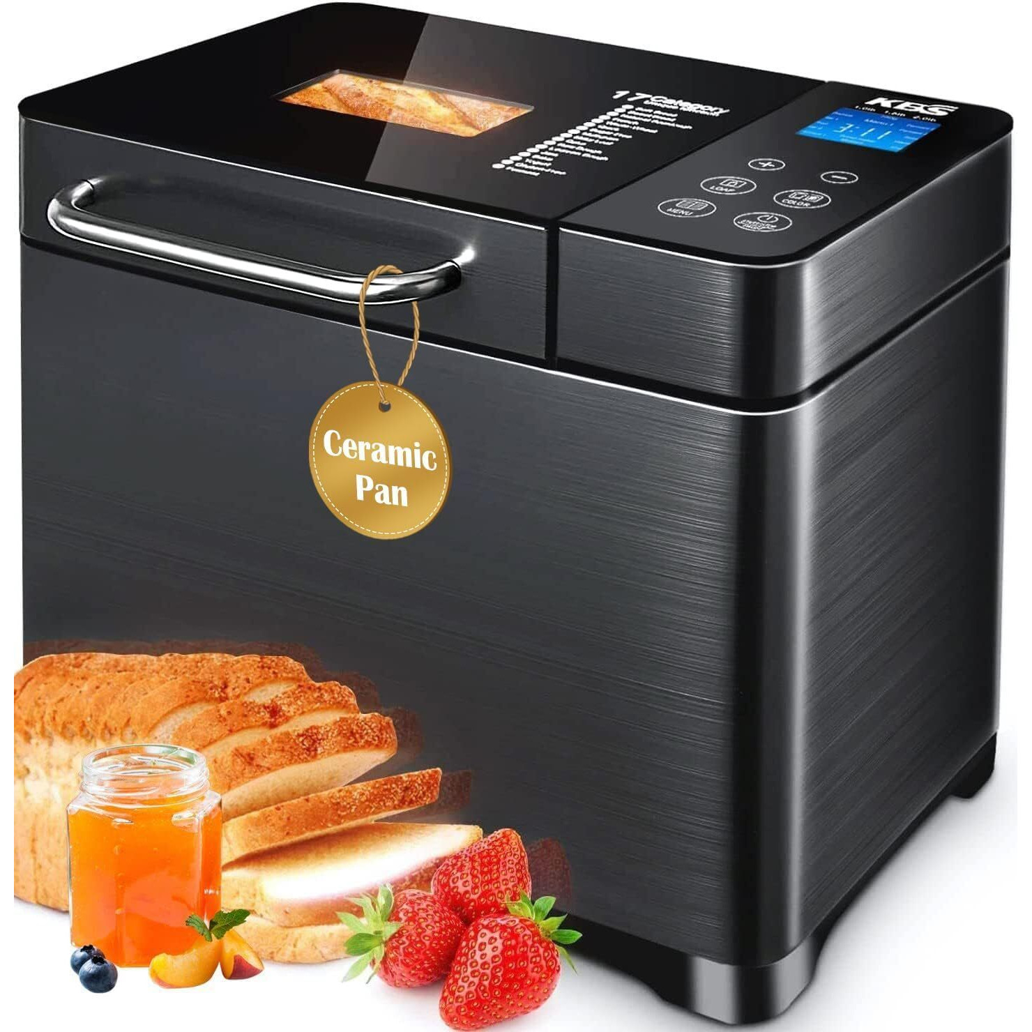 Kbs 17-In-1 Bread Maker-Dual Heaters, 710W Machine Stainless Steel With Gluten-Free, Dough Maker,Jam,Yogurt Prog, Auto Nut Dispenser,Ceramic Pan& Touch Panel, 3 Loaf Sizes 3 Crust Colors,Recipes