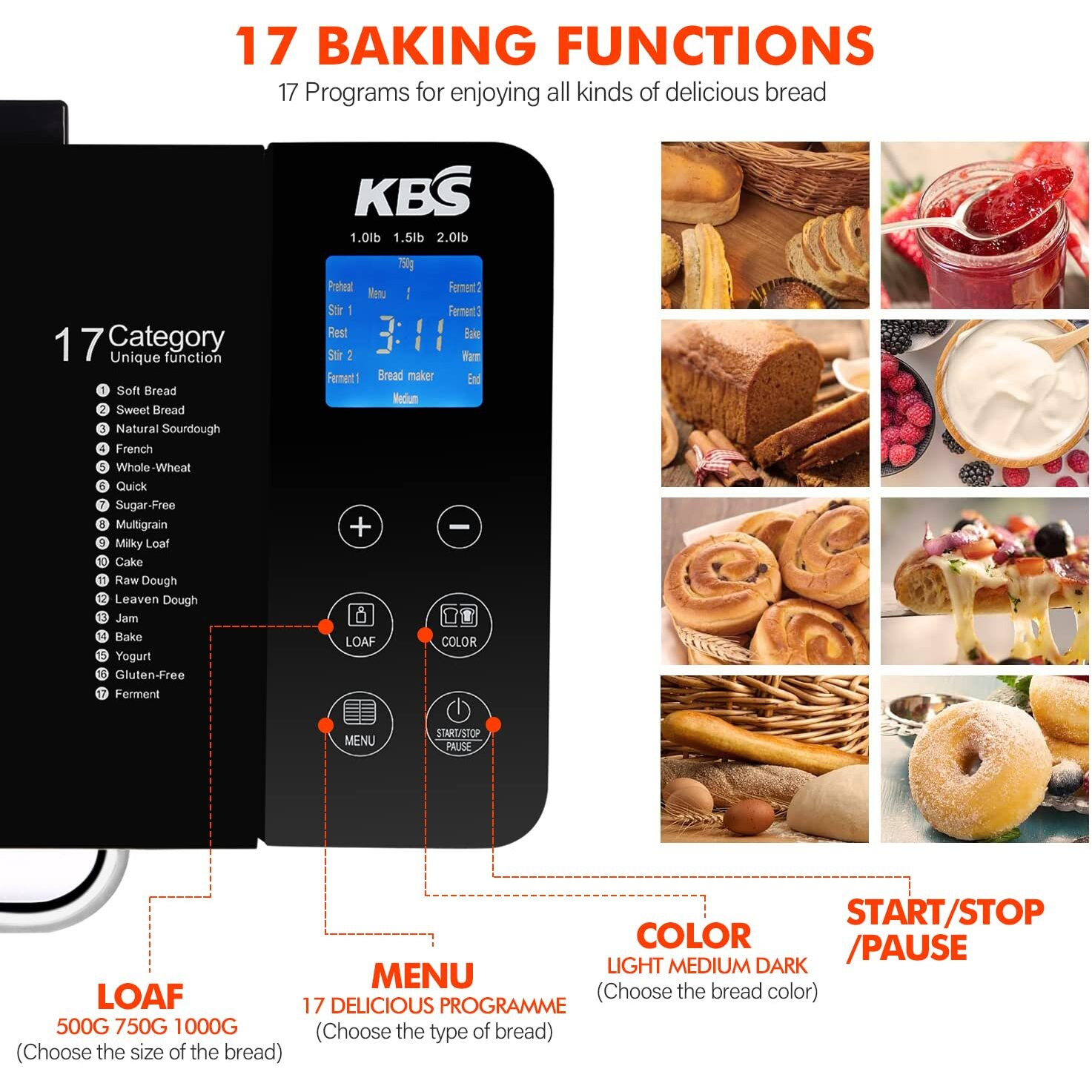 Kbs 17-In-1 Bread Maker-Dual Heaters, 710W Machine Stainless Steel With Gluten-Free, Dough Maker,Jam,Yogurt Prog, Auto Nut Dispenser,Ceramic Pan& Touch Panel, 3 Loaf Sizes 3 Crust Colors,Recipes