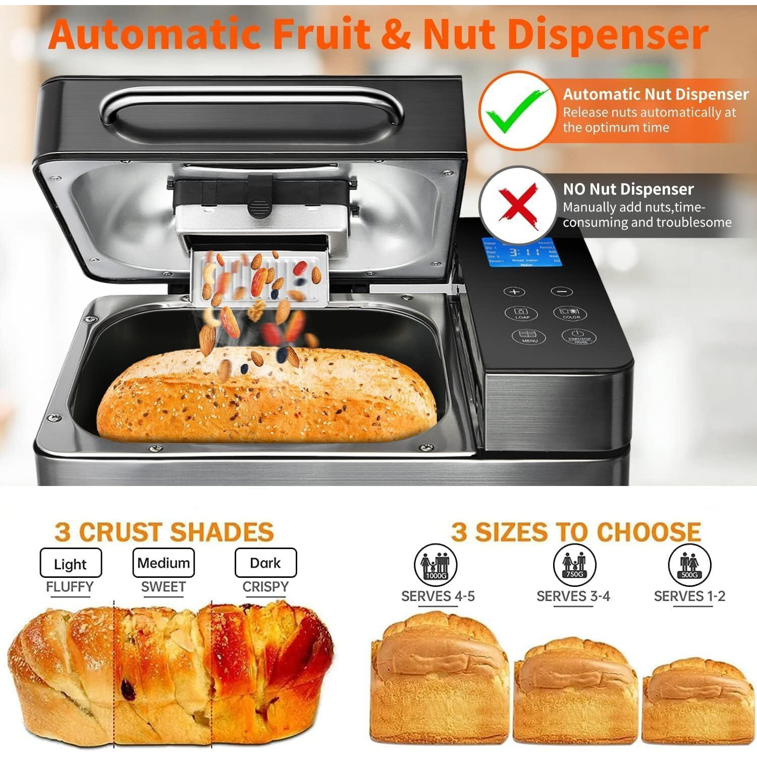 Kbs 17-In-1 Bread Maker-Dual Heaters, 710W Machine Stainless Steel With Gluten-Free, Dough Maker,Jam,Yogurt Prog, Auto Nut Dispenser,Ceramic Pan& Touch Panel, 3 Loaf Sizes 3 Crust Colors,Recipes