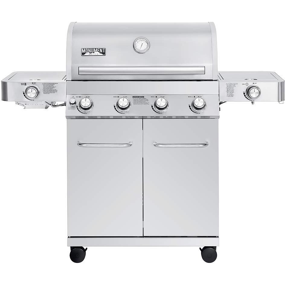 Monument Grills Larger 4-Burner Propane Gas Grills Stainless Steel Cabinet Style With Side & Side Sear Burners, Built-In Thermometer, And Knob Controls