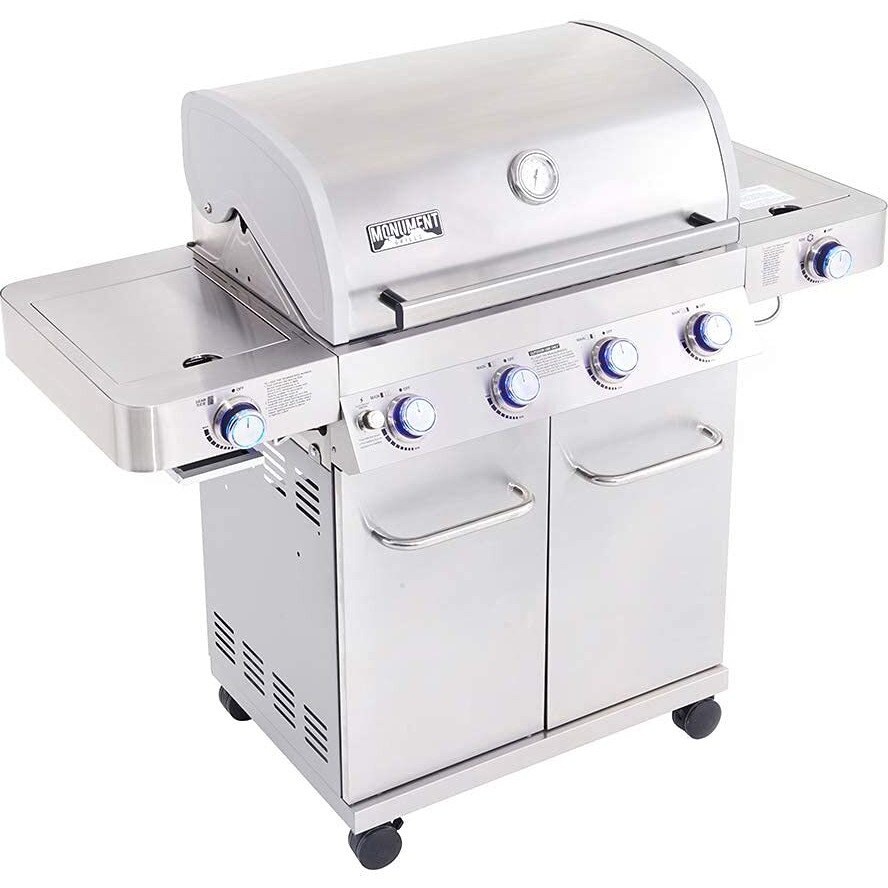 Monument Grills Larger 4-Burner Propane Gas Grills Stainless Steel Cabinet Style With Side & Side Sear Burners, Built-In Thermometer, And Knob Controls
